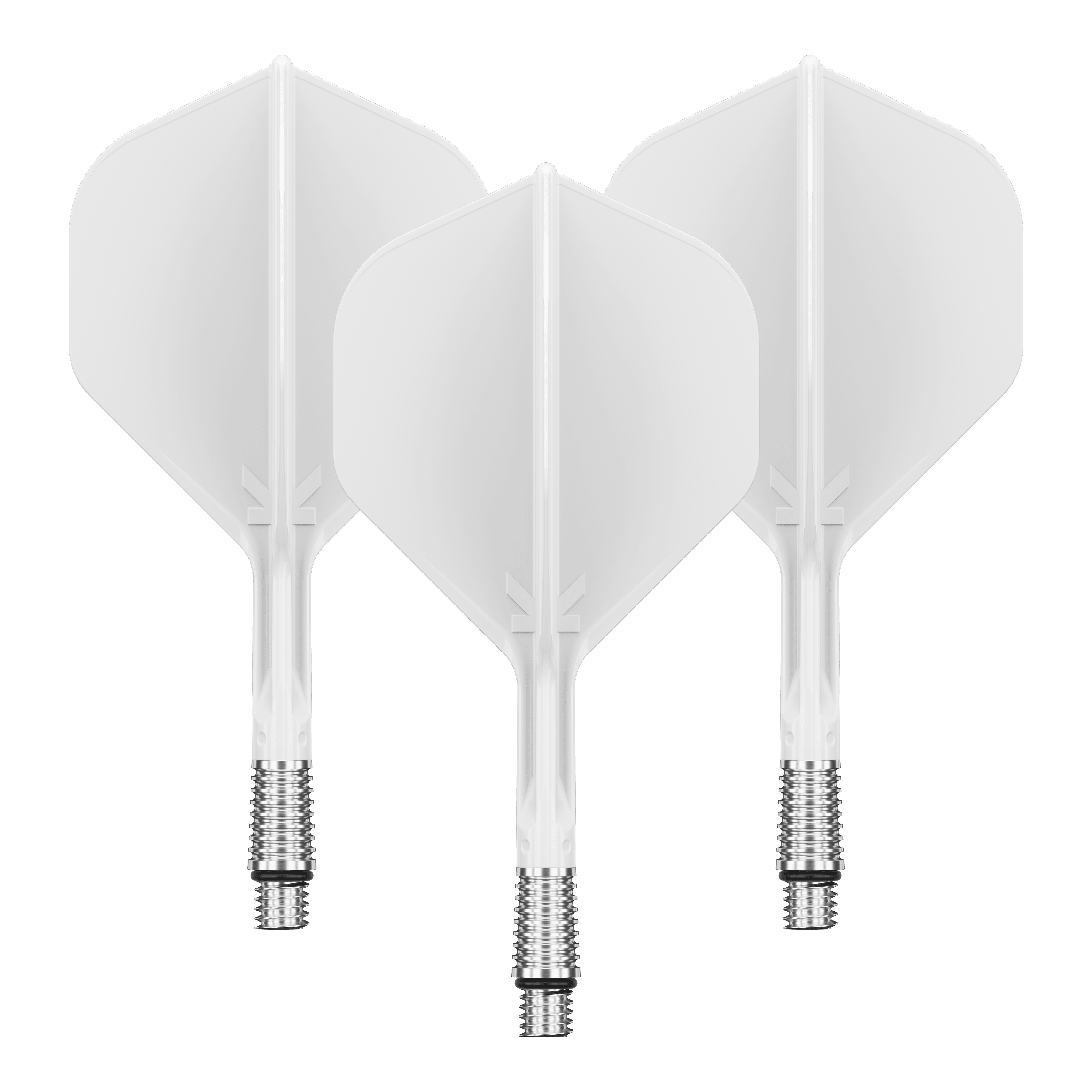 Abgebildet ist ein Set mit weißen Dart Flights. Die Flights haben eine geschätzte Länge von 26 mm.