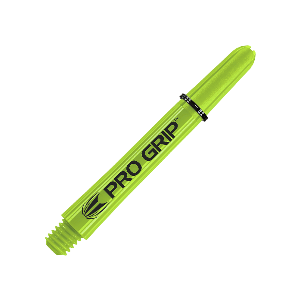 Das Bild zeigt einen limegrünen Dart-Schaft mit der Aufschrift "PRO GRIP". Der Hintergrund ist passend in derselben Farbe gestaltet.