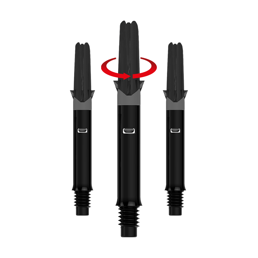 L-Style L-Shafts Silent Straight - Schwarz 260 Das Bild zeigt drei schwarze Dartshafts ohne Kappen. Über dem mittleren Shaft befindet sich ein roter Pfeil, der eine Drehbewegung anzeigt.
