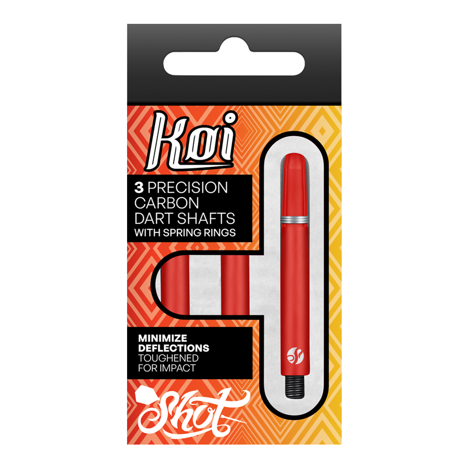 Shot Koi Carbon Shafts - Rot Die Verpackung zeigt drei präzise Koi Carbon-Dartschäfte in Rot. Sie sind für minimale Ablenkung und hohe Schlagfestigkeit ausgelegt.