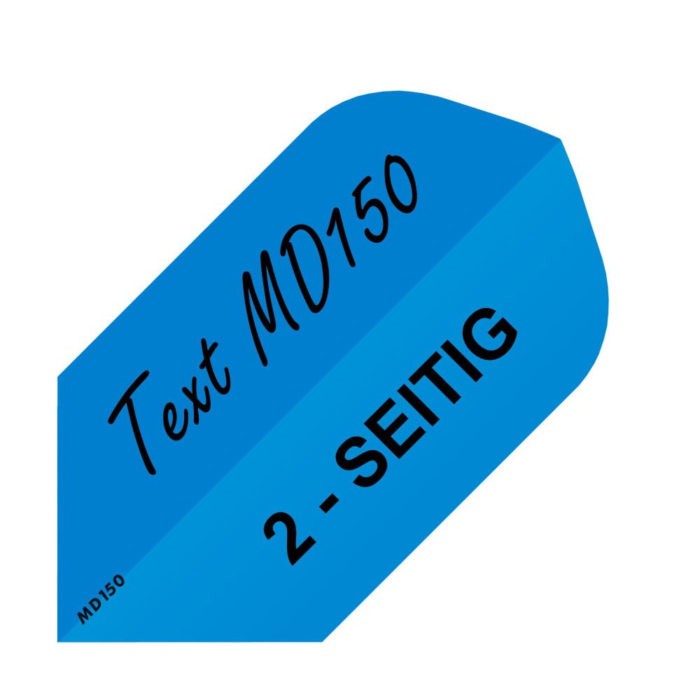 MD-256_2-Seitig_Bedruckte_Flights_Wunschtext_MD150_Blau_Slim_1 Das Bild zeigt ein blaues Dart-Flight mit der Aufschrift "Text MD150" und "2-SEITIG". In der unteren Ecke steht zusätzlich klein "MD150".