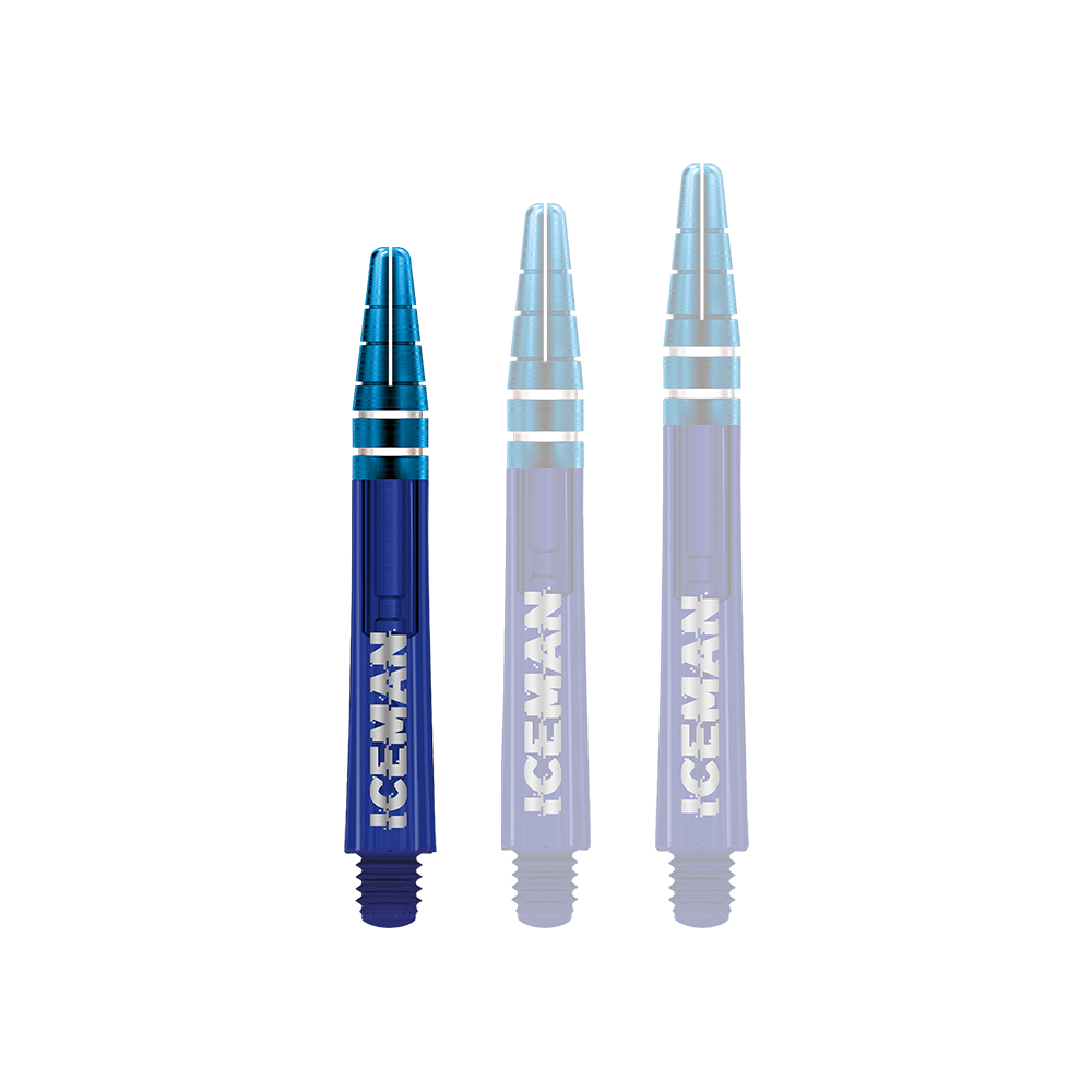 C810_Red_Dragon_Nitrotech_Gerwyn_Price_Blue_Shafts_36mm_1bW1ak37GQVIvd Das Bild zeigt drei blaue Dartschäfte mit silbernen Ringen. Auf den Schäften steht das Wort "ICEMAN" in weißen Buchstaben.
