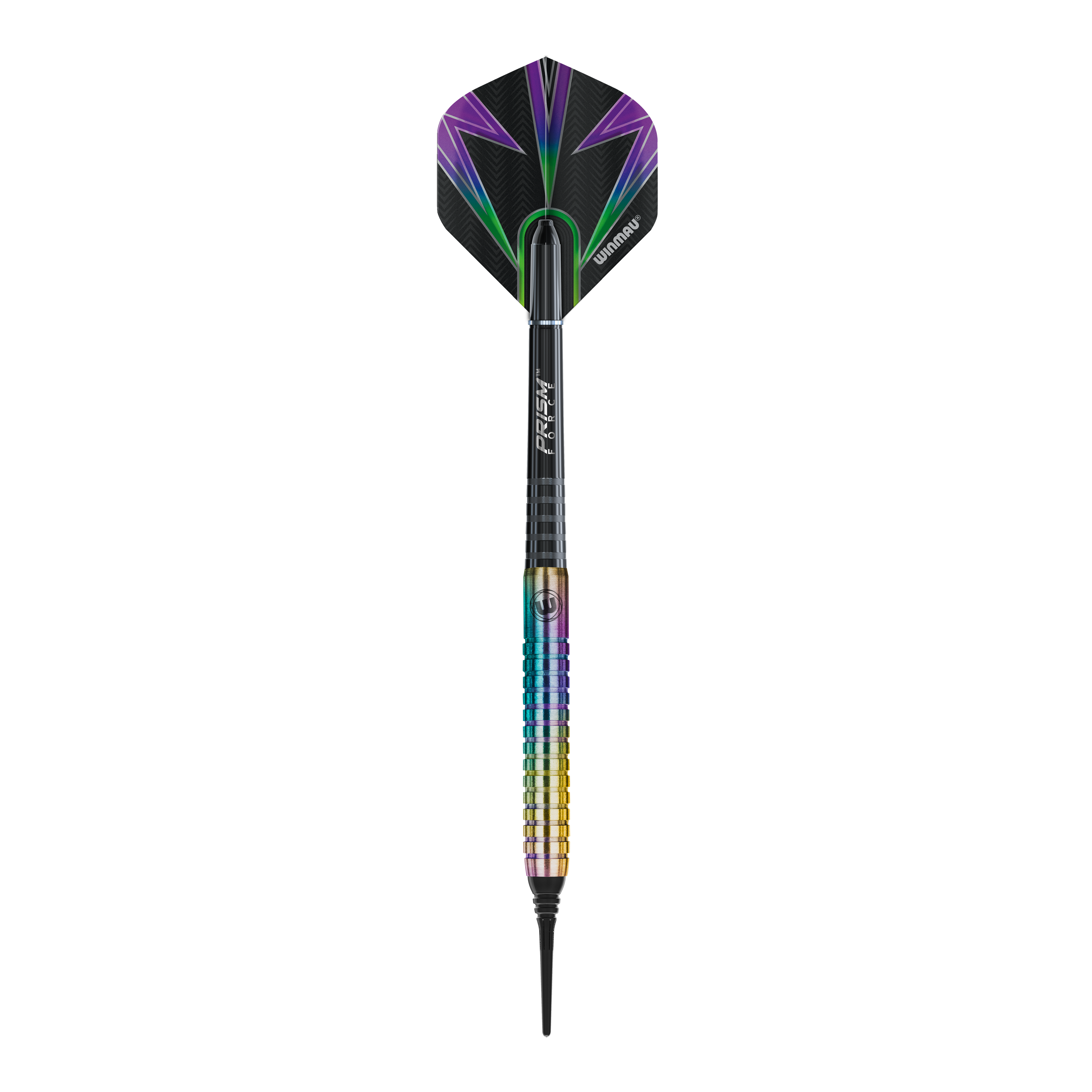 Winmau Foxfire Urban Softdarts - 20g Das Bild zeigt den Winmau Foxfire Urban Softdart mit einem Gewicht von 20g. Der Dartpfeil hat ein farbenfrohes Design mit schwarzen, lila und grünen Akzenten.