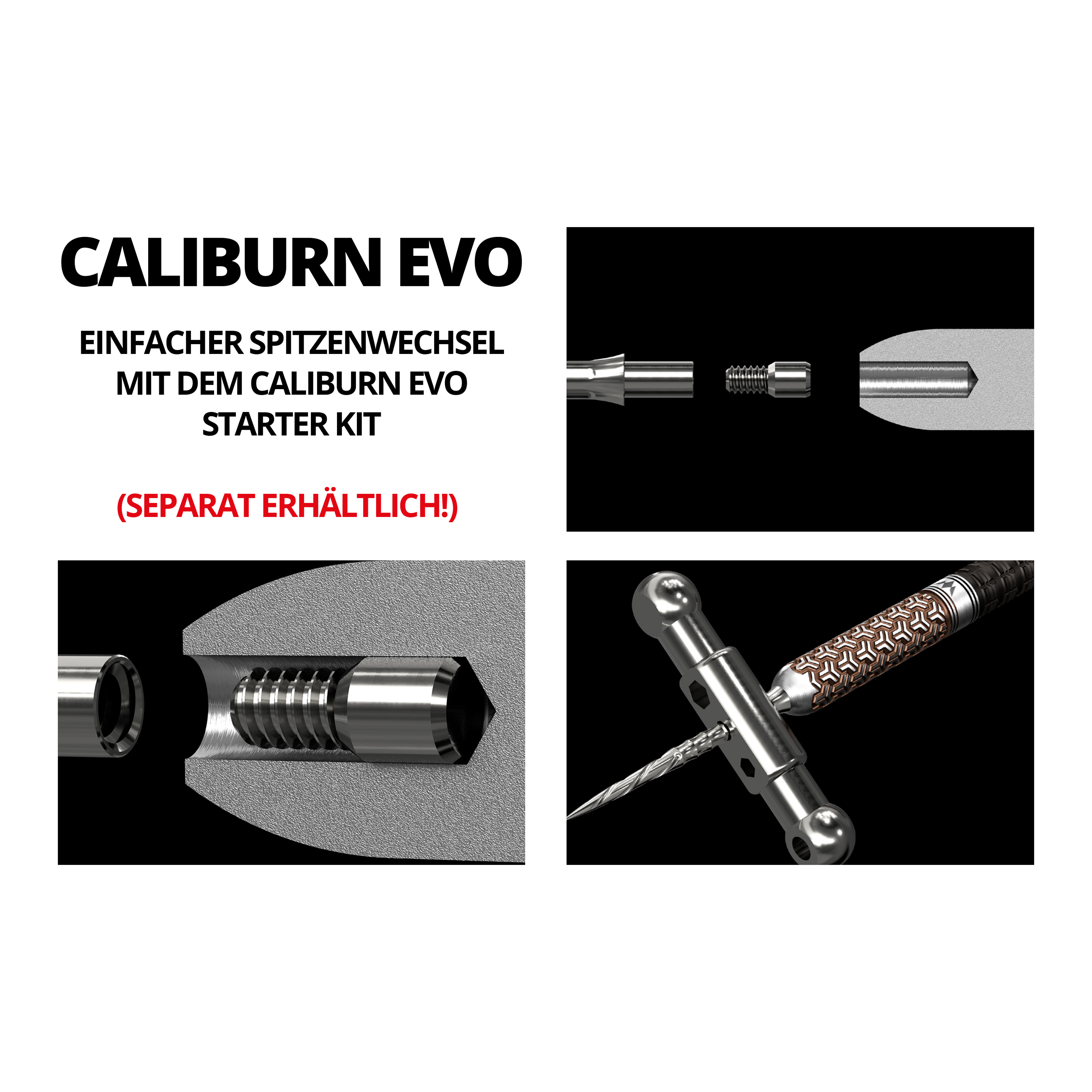 Caliburn System Spigots Das Bild zeigt das Produkt "Caliburn System Spigot - 2,33 mm" mit detaillierten technischen Zeichnungen. Es ist darauf hingewiesen, dass das Produkt separat erhältlich ist.