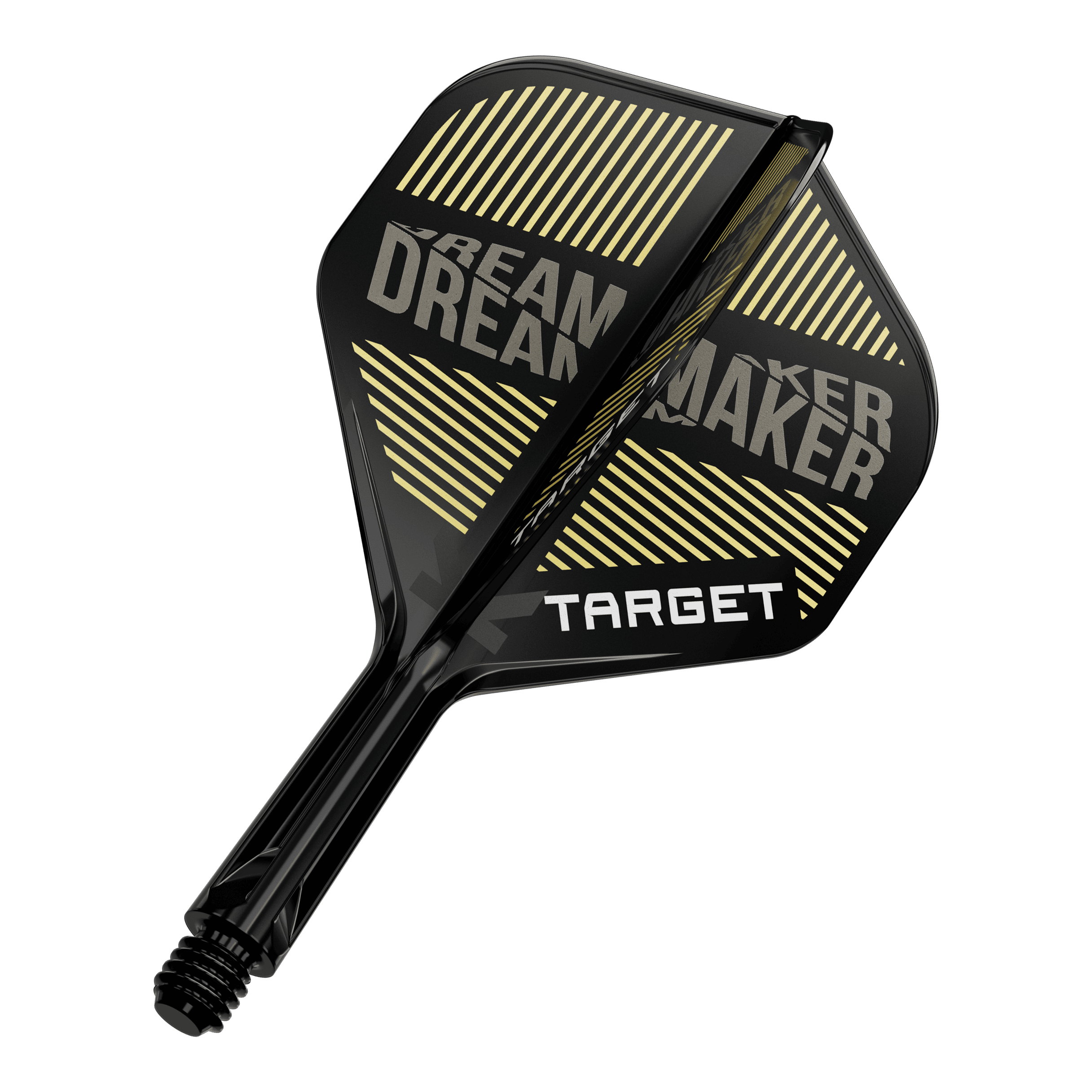 Auf dem Bild ist ein schwarzer Dart-Flügel mit gelben Streifen und dem Schriftzug „DREAM MAKER“ zu sehen. Darauf steht außerdem das Wort „TARGET“ in weißen Buchstaben.