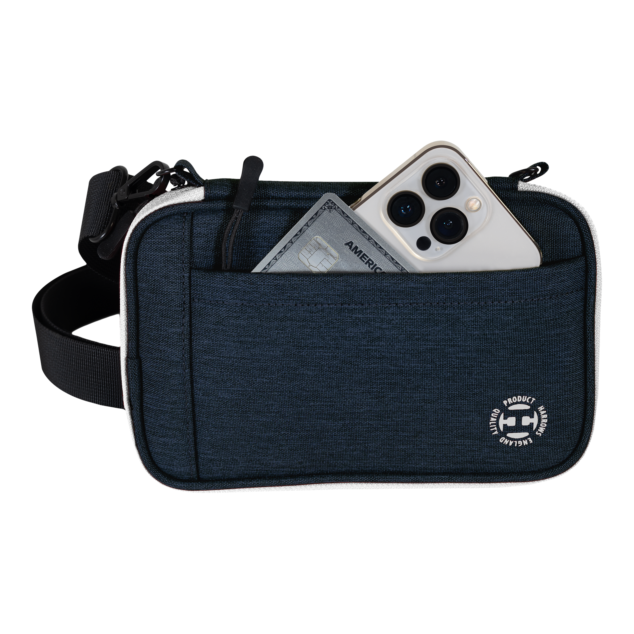 Harrows Smart Case XL Dartwallet Eine blaue Tasche mit Vorderfach enthält ein Smartphone und eine Kreditkarte. Am unteren Rand der Tasche befindet sich ein rundes weißes Logo.