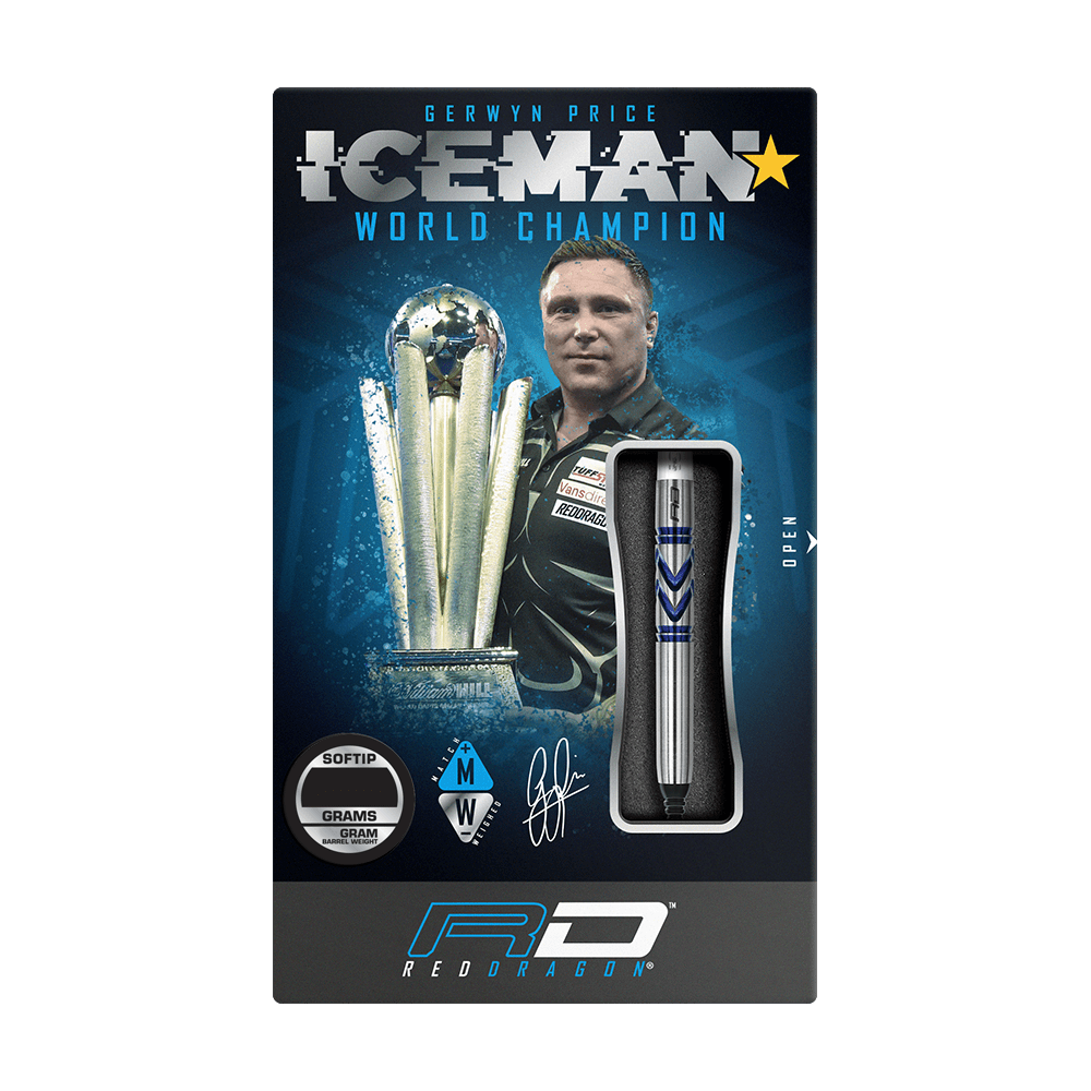 RD2542_Red_Dragon_Gerwyn_Price_Avalanche_Pro_Softdarts_3 Auf dem Bild ist die Verpackung der "Red Dragon Gerwyn Price Avalanche Pro Softdarts - 20g" zu sehen. Auf der Verpackung sind außerdem ein Porträt von Gerwyn Price und eine große Trophäe abgebildet.