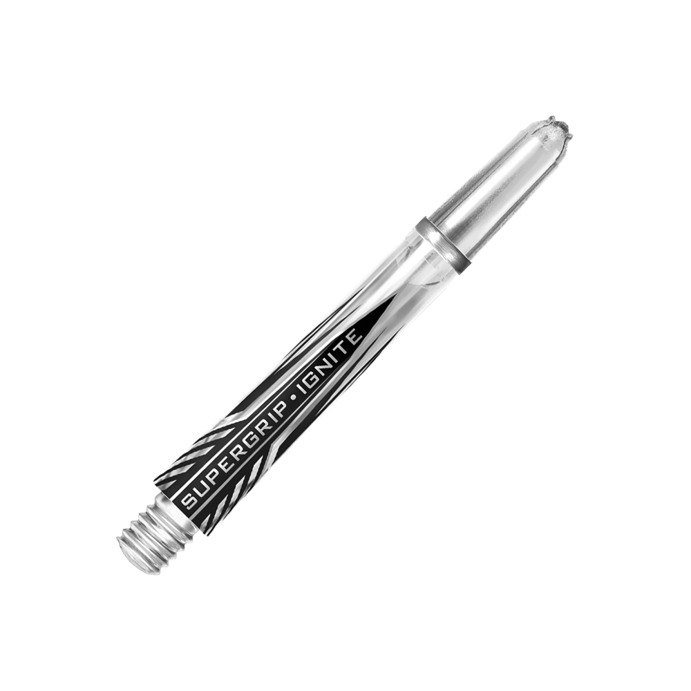HR393_Harrows_Supergrip_Ignite_Shafts_Clear_40mm_2 Dies ist ein klarer Harrows Supergrip Ignite Shaft. Der Schaft hat ein modernes Design mit schwarz-weißen Akzenten und der Aufschrift "SUPERGRIP IGNITE".
