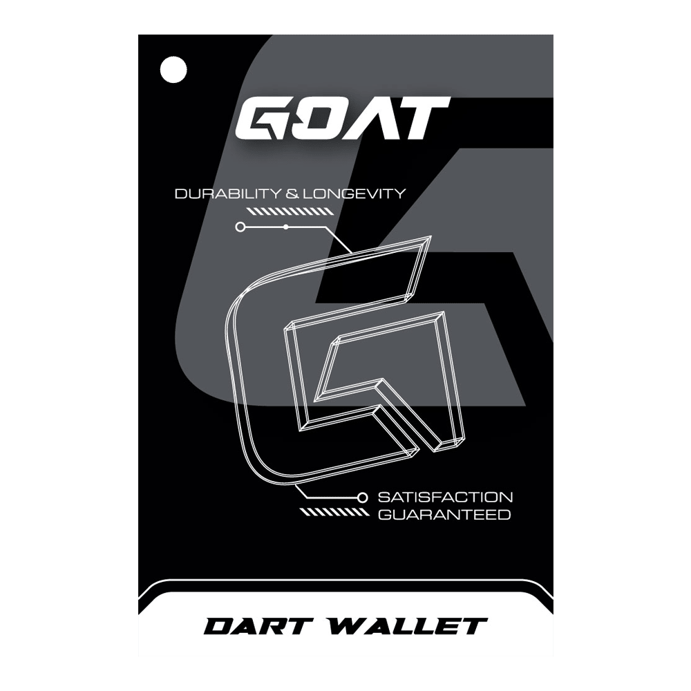 GOAT Locker S Dartwallet Das Bild zeigt die Verpackung des Produkts "GOAT Locker S Dartwallet". Es hebt die Eigenschaften Langlebigkeit und Zufriedenheit hervor.