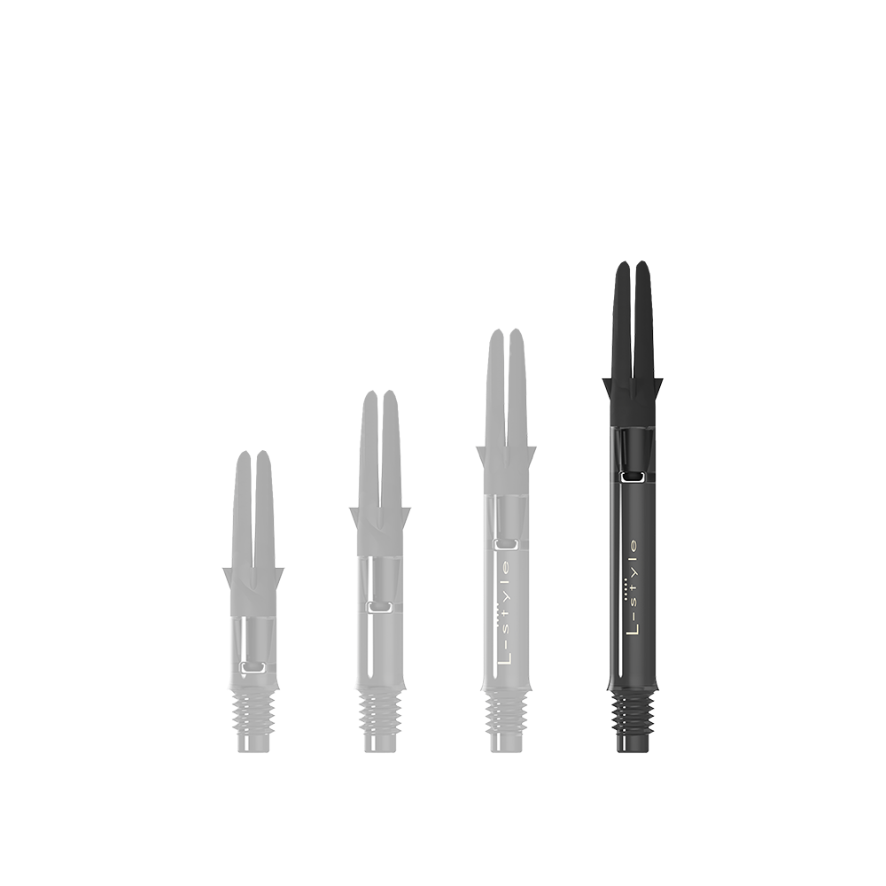 L-Style L-Shaft Carbon Silent Straight - Schwarz 330 Auf dem Bild sind drei schwarze Dartschäfte aus Carbon in unterschiedlichen Längen zu sehen. Sie stehen aufrecht nebeneinander auf weißem Hintergrund.