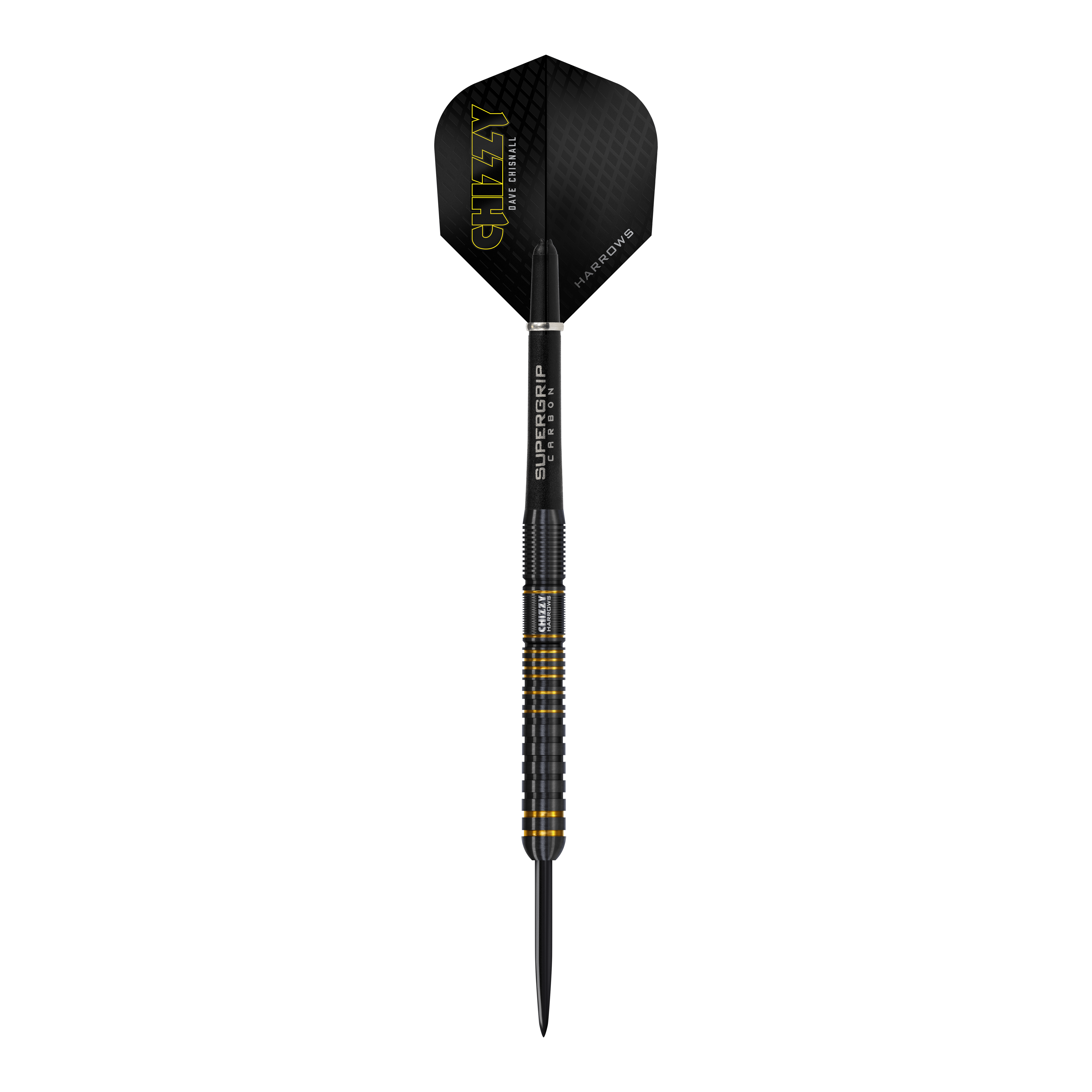 Harrows Dave Chisnall Chizzy Series 3 Steeldarts Das Bild zeigt den Harrows Dave Chisnall Chizzy Series 3 Steeldart. Der Dart ist schwarz mit gelben Akzenten und hat den Schriftzug "CHIZZY" auf dem Flight.