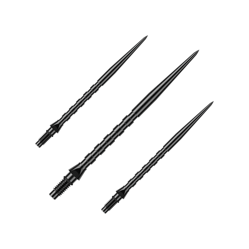 Winmau Switch Point Groove Steeldartspitzen - Schwarz Auf diesem Bild sind Winmau Switch Point Groove Black Steeldartspitzen mit einer Länge von 40 mm als Set abgebildet. Diese Produktaufnahme zeigt schwarze Dartspitzen für Steeldarts.