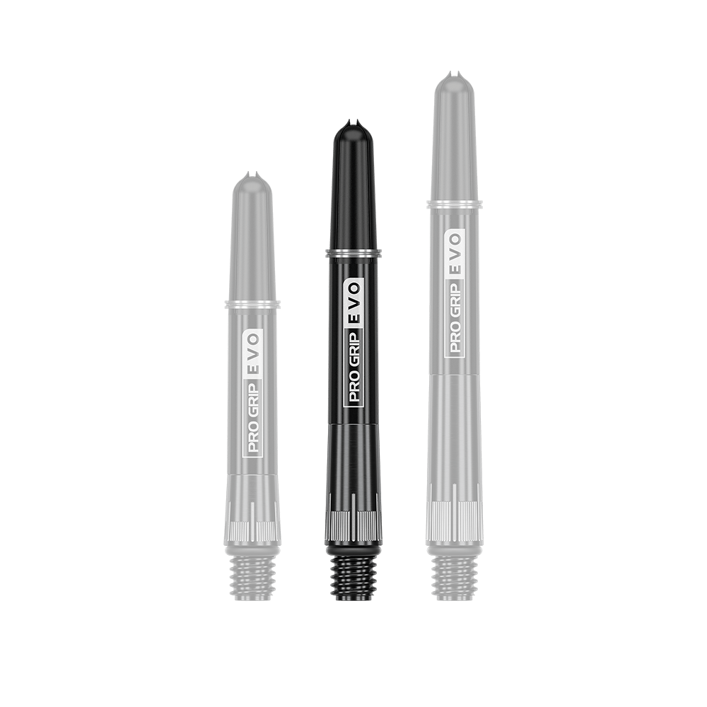 Das Bild zeigt drei schwarze Dartschäfte in unterschiedlichen Längen. Auf den Schäften steht "PRO GRIP EVO" in weißer Schrift.