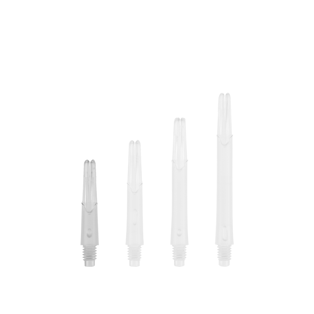 L-Style L-Shafts Locked Straight - Clear 130 Das Bild zeigt vier durchsichtige, gerade Dartschäfte in unterschiedlichen Längen. Sie sind ohne Kappen nebeneinander angeordnet.