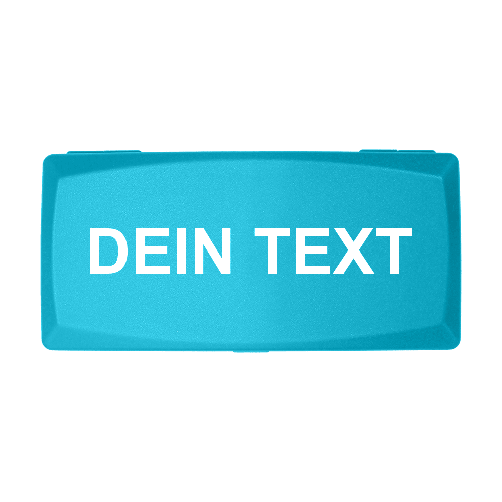 ABS Box mit Wunschdruck Die Abbildung zeigt eine himmelblaue Box mit der Aufschrift "DEIN TEXT" in weißer Schrift. Die Box hat eine rechteckige Form und einen schlichten, modernen Look.