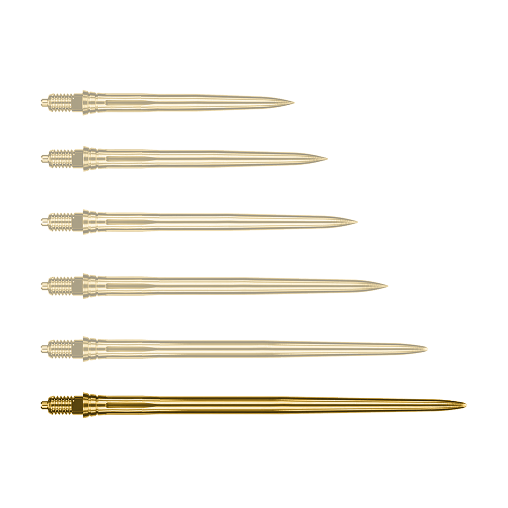 Auf dem Bild ist eine einzelne goldene Dartspitze mit 50 mm Länge zu sehen. Die Spitze ist glatt gestaltet.