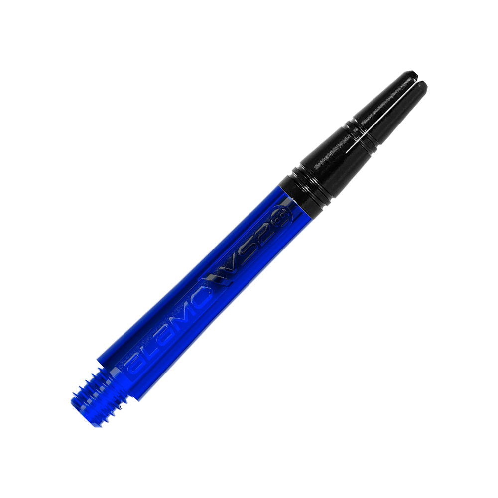 Harrows Alamo VS2 Shafts - Blau Das Bild zeigt einen blauen Dart-Schaft mit der Aufschrift "ALAMO VS2". Der Schaft hat einen schwarzen oberen Teil und ein Gewinde am unteren Ende.