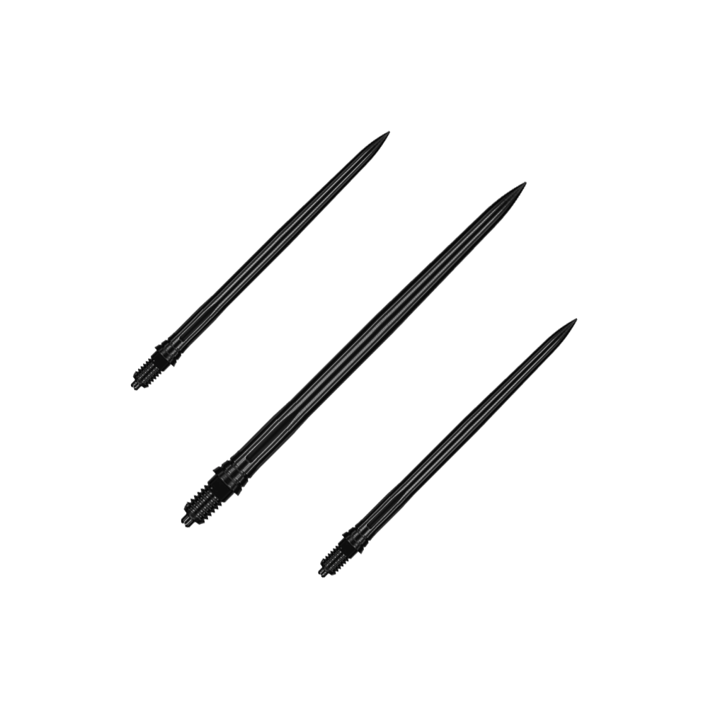 Ein Set schwarzer Dartspitzen mit glatter Oberfläche wird präsentiert. Das Produkt heißt EVO184 Caliburn EZ-EVO Dartspitzen Smooth Schwarz 40mm.