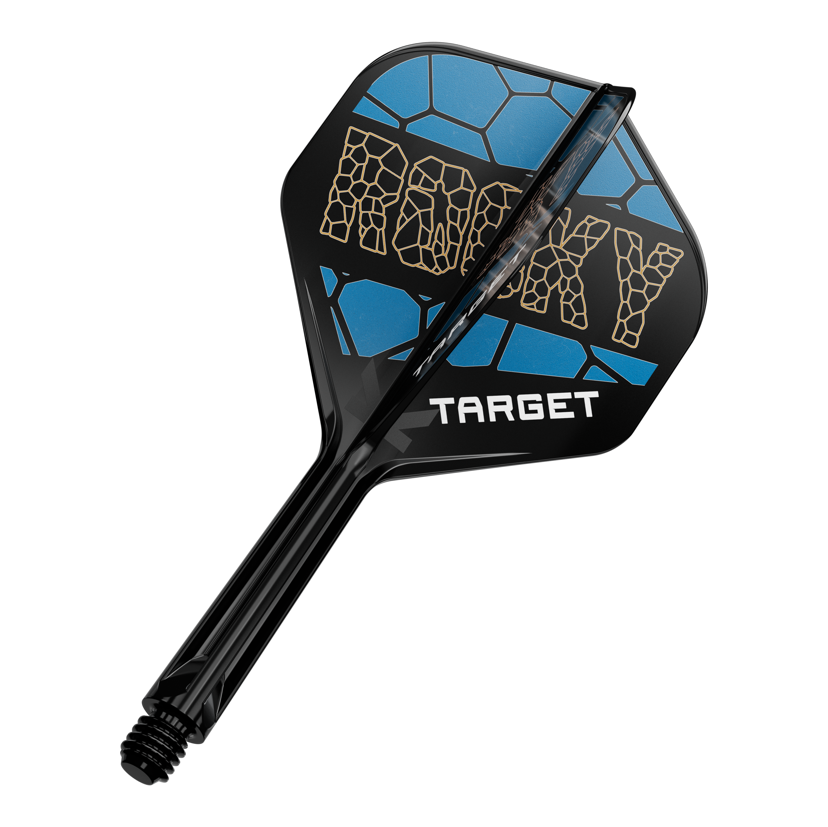 Auf dem Bild ist ein Dart-Flight-System mit schwarzem Schaft zu sehen. Die Flight-Fläche ist schwarz-blau und zeigt das Wort „ROCKY“ sowie das Logo „TARGET“.