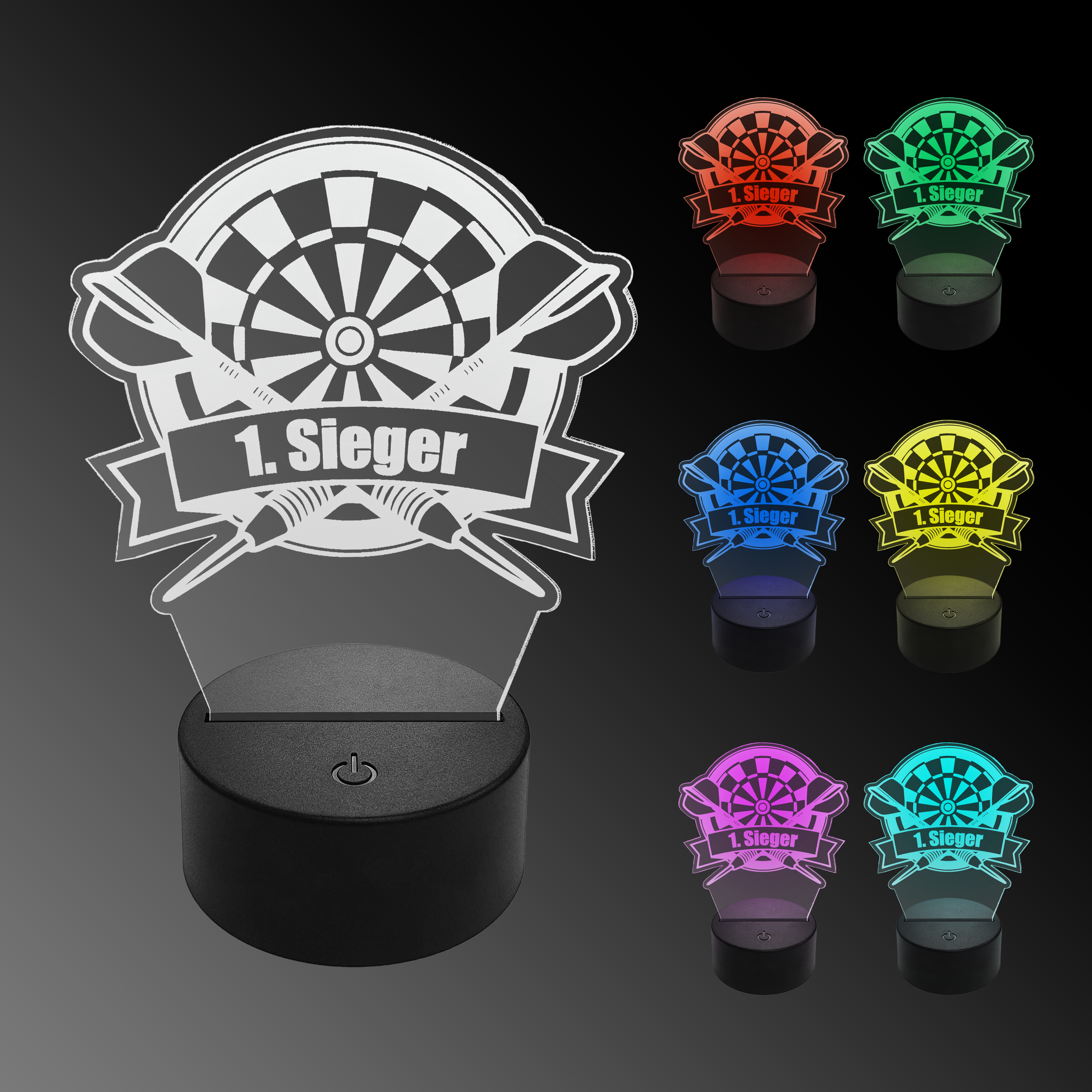LED Plexiglas Dartlampe mit Wunschtext Das Bild zeigt eine LED-Lampe in Form eines Dartboards mit der Aufschrift „1. Sieger“. Rechts sind sechs weitere Lampen in verschiedenen Farben zu sehen.