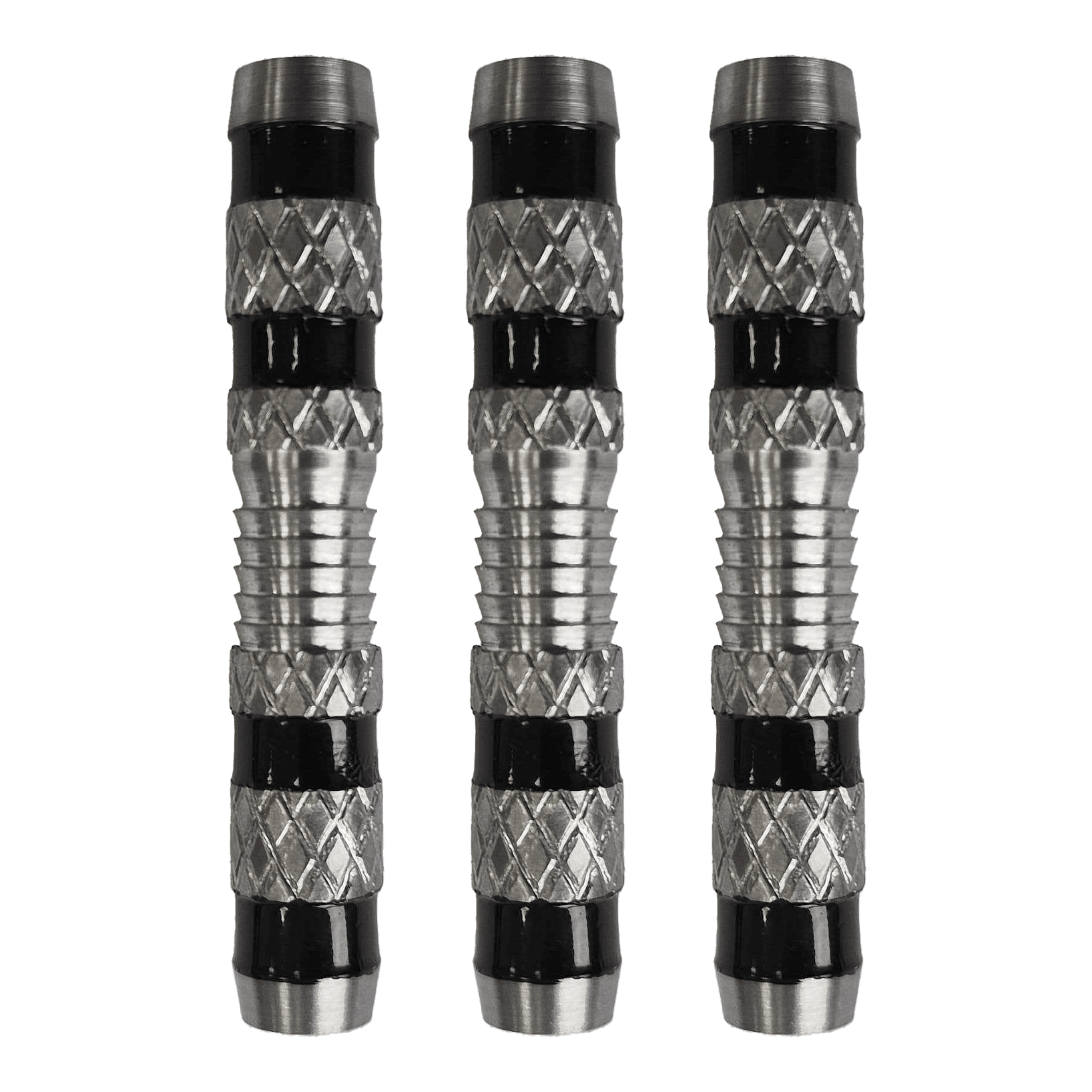 McDart Knurled Grip Softdart-Barrels - 18g Das Bild zeigt drei silberne Softdart-Barrels mit einem geriffelten Griff und schwarzen Rillen. Es handelt sich um das Produkt „McDart Knurled Grip Softdart-Barrels - 18g“.