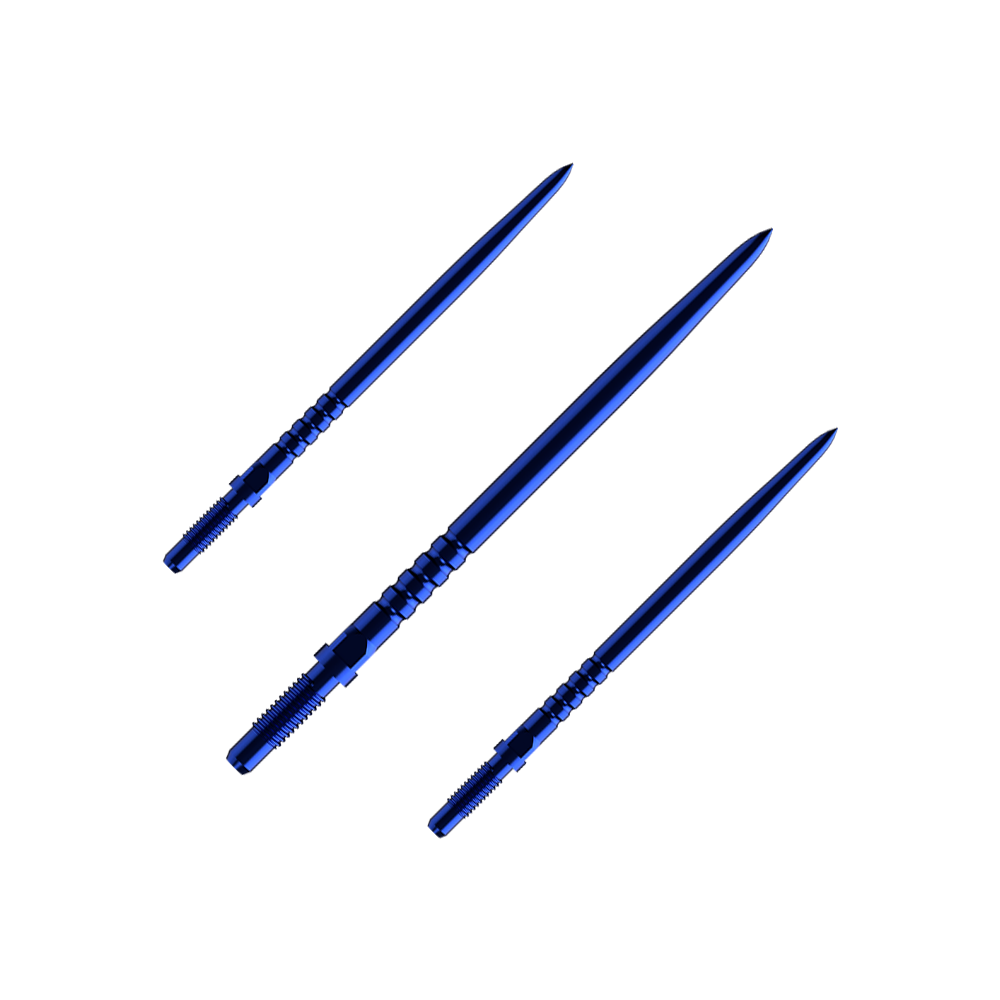 Das Bild zeigt ein Dart-Zubehörteil mit dem Dateinamen BU57714_BullsNL_Convertible_Points_RingedGrip_Blau_36mm_1Set. Das Produkt scheint blaue, geriffelte Spitzen für Darts zu zeigen.