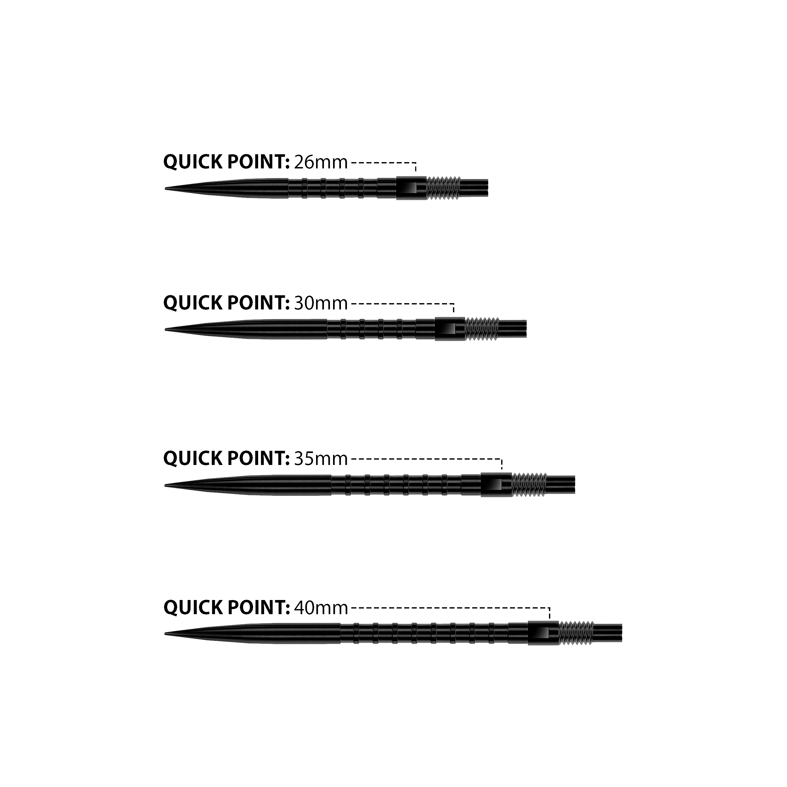Das Bild zeigt Harrows Quick Point Heavy Metal Dartspitzen in Schwarz. Sie sind robust und für präzise Würfe geeignet.