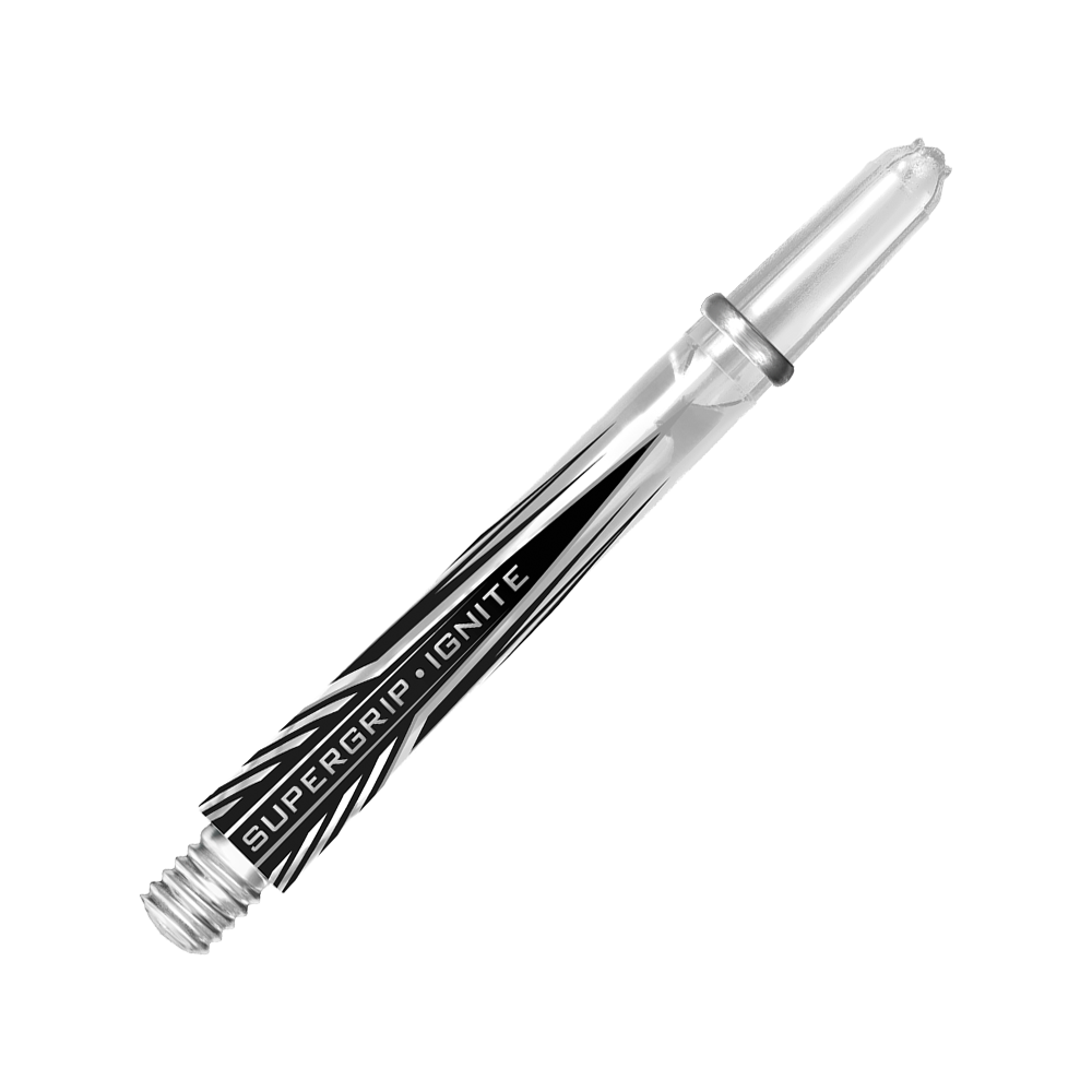 HR394_Harrows_Supergrip_Ignite_Shafts_Clear_47mm_2 Das Bild zeigt einen klaren Harrows Supergrip Ignite Dart-Schaft. Auf dem Schaft ist der Schriftzug "SUPERGRIP IGNITE" zu sehen.
