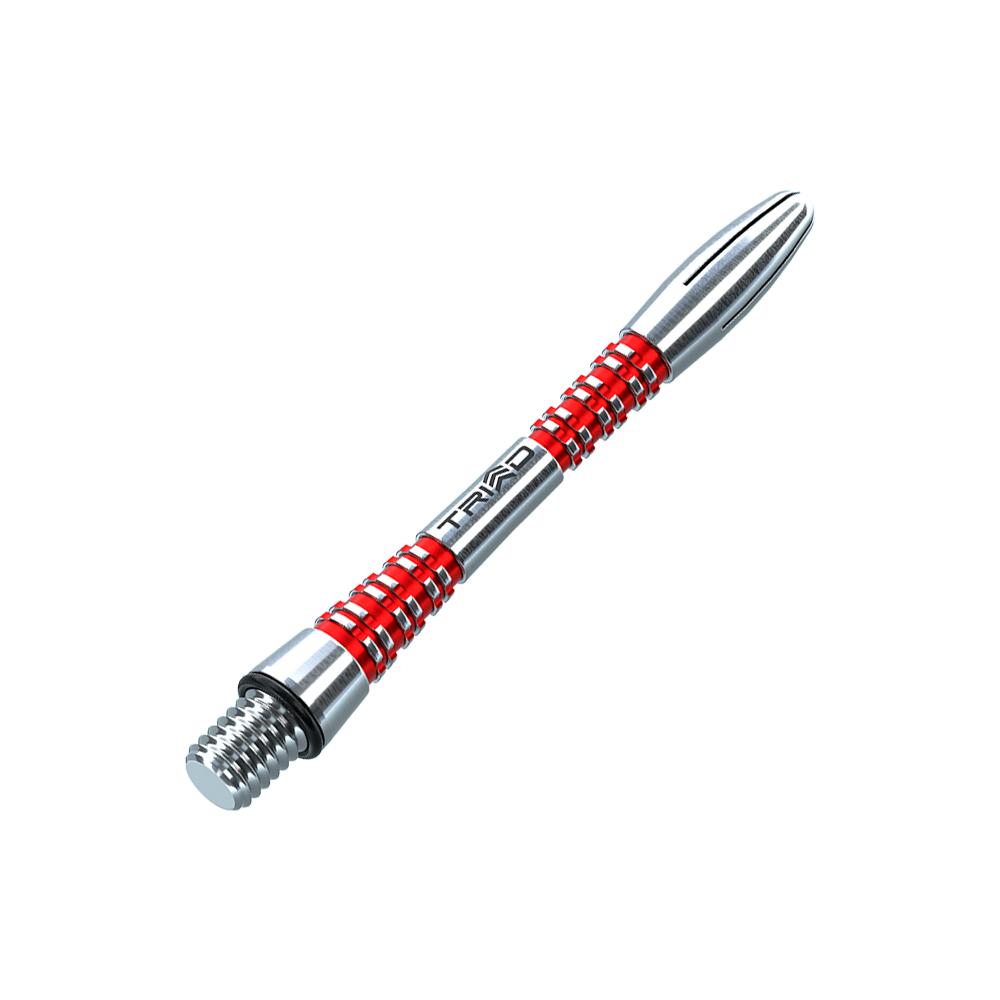 7013-402_Winmau_Triad_Aluminium_Shafts_Rot_41mm_2 Das Bild zeigt einen Winmau Triad Aluminium Shaft in der Farbe Rot. Der Schaft ist silberfarben mit roten Ringen und trägt die Aufschrift "TRIAD".