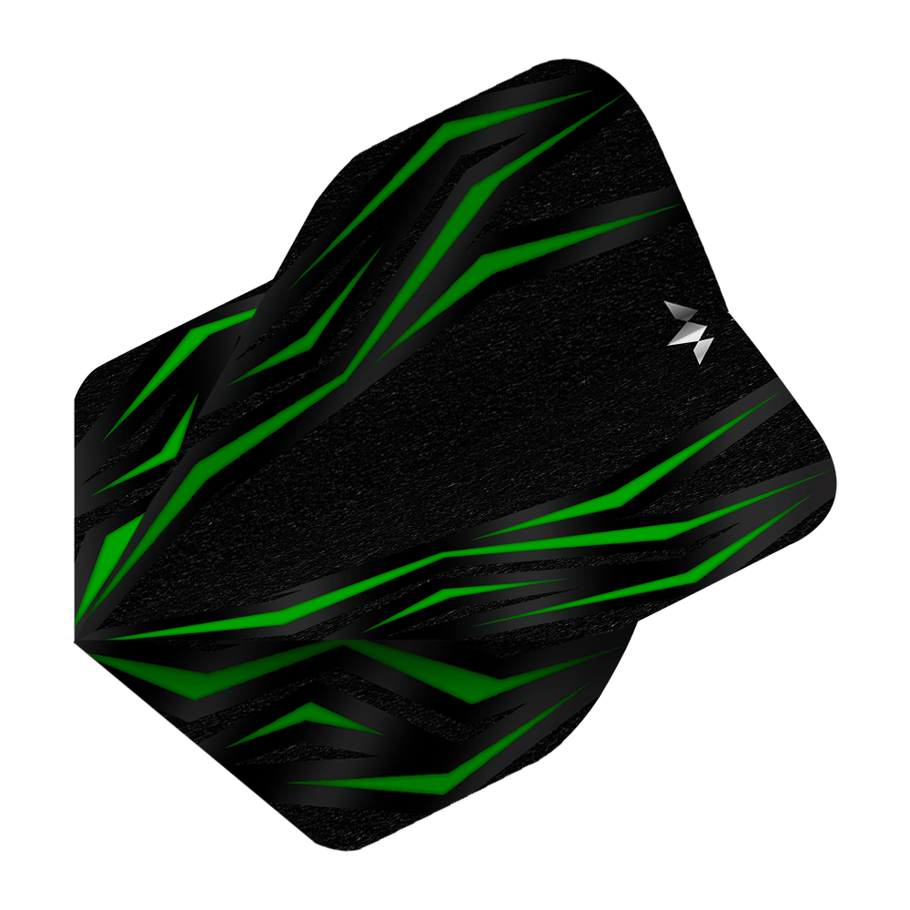 Mission Lava Green No2 Standard Flights Das Bild zeigt das Produkt „Mission Lava Green No2 Standard Flights“. Es ist ein schwarzes Dart-Flight mit grünen, lavamusterartigen Linien.