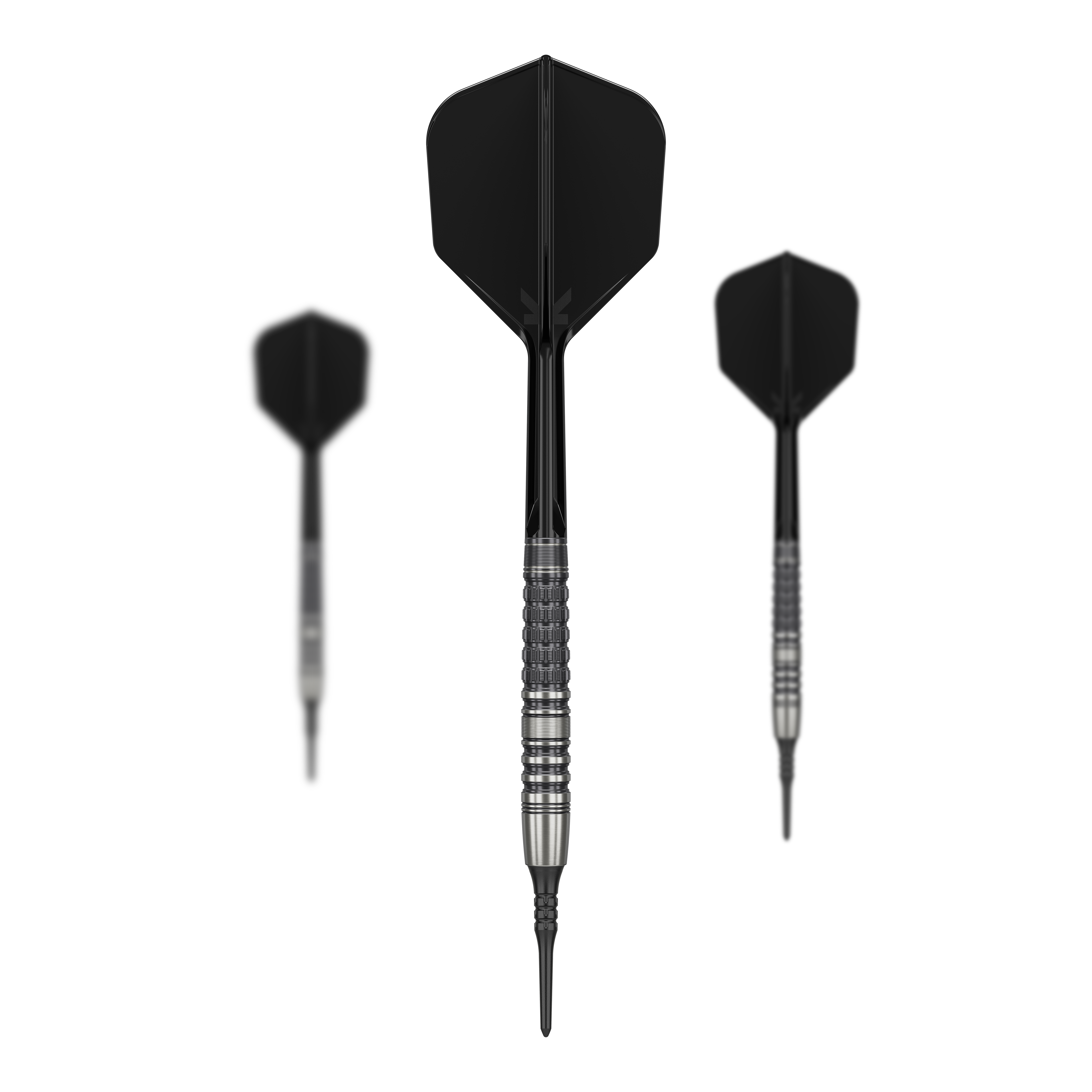 Target Japan Black Marque Lumiere GEN3 Softdarts - 18,5g Das Bild zeigt drei schwarze Softdarts des Modells "Target Japan Black Marque Lumiere GEN3" mit einem Gewicht von 18,5g. Die Dartpfeile haben silber-schwarze Griffrillen und schwarze Flights.