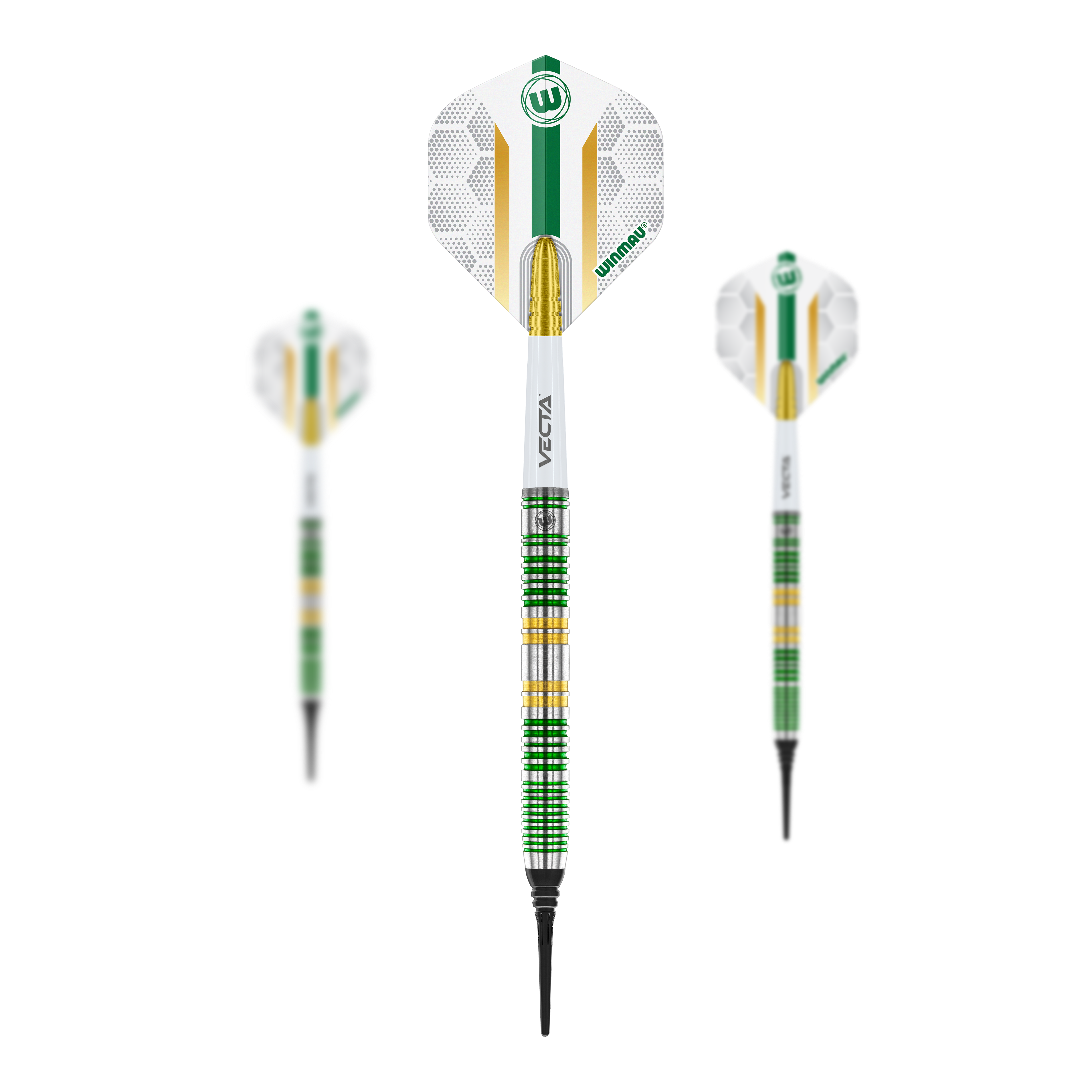 Winmau Xenon Softdarts - 20g Das Bild zeigt drei Winmau Xenon Softdarts mit einem Gewicht von 20 Gramm. Die Darts haben ein auffälliges grünes, gelbes und silbernes Design mit weißen Flights.