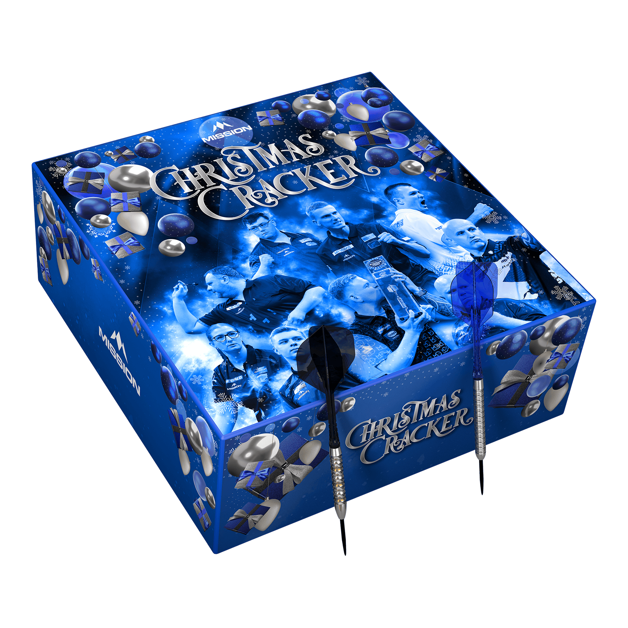 Mission Christmas Cracker Limited Edition Steeldart Geschenk-Set Das Bild zeigt das Mission Christmas Cracker Limited Edition Steeldart Geschenk-Set. Die Weihnachtsedition enthält Steeldarts und ist in einer festlichen Verpackung präsentiert.
