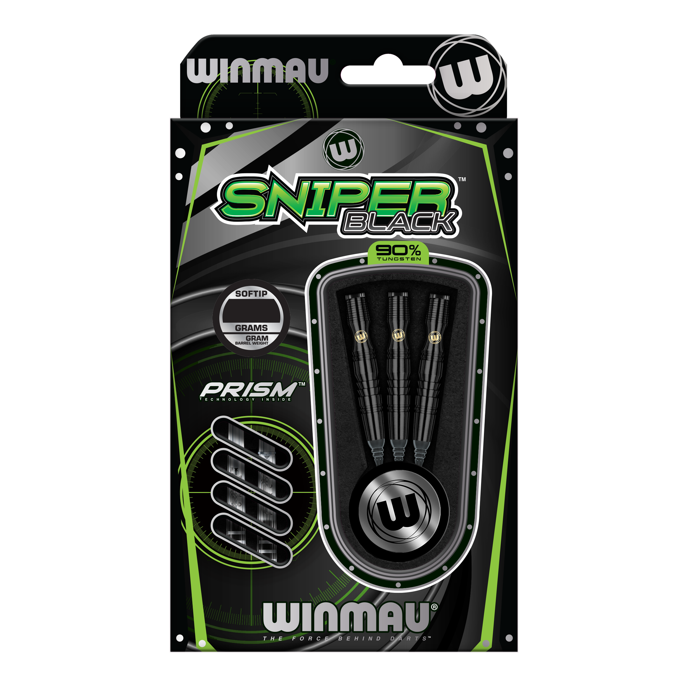 Winmau Sniper Black Softdarts - 20g Die Abbildung zeigt die Winmau Sniper Black Softdarts mit einem Gewicht von 20g. Die Verpackung enthält drei schwarze Softdarts aus 90% Tungsten.