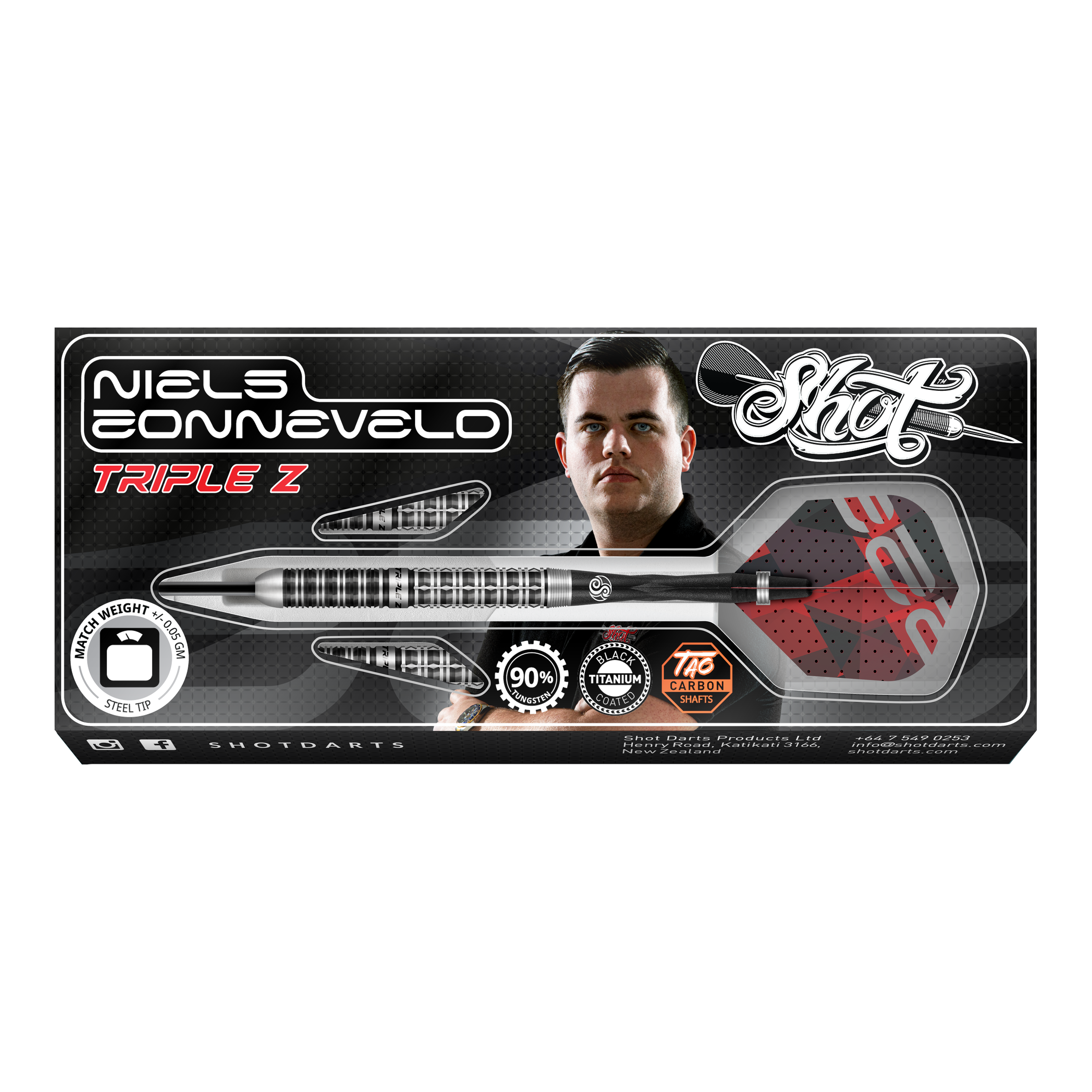 Shot Niels Zonneveld V2 Steeldarts Auf dem Bild ist die Verpackung der "Shot Niels Zonneveld V2 Steeldarts" zu sehen. Die Verpackung zeigt einen Dartpfeil, das Logo und ein Porträt von Niels Zonneveld.