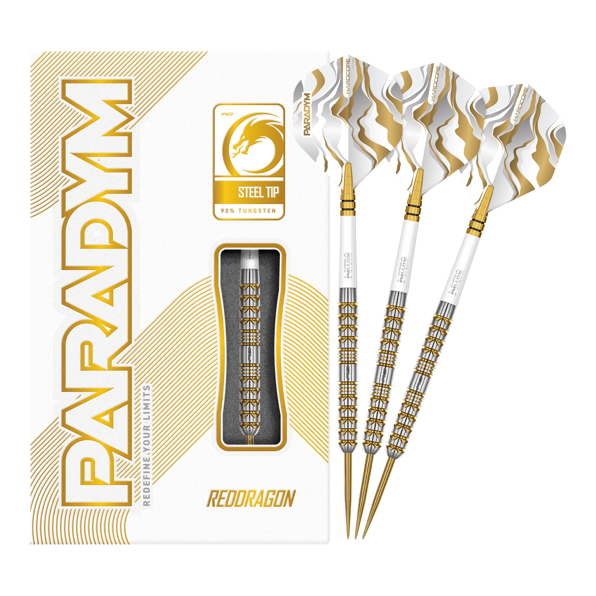 Abgebildet sind die Red Dragon Paradym Gold Parallel Steeldarts in voller Länge. Diese Steeldarts zeichnen sich durch ein geradliniges und glänzendes Design aus.