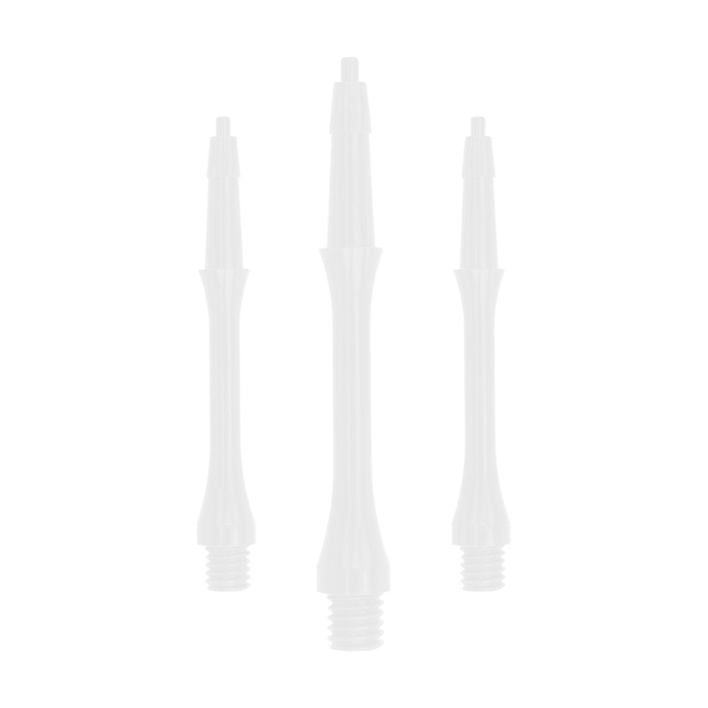 Das Bild zeigt drei weiße, schlanke Dartschäfte der Marke Harrows Clic Slim. Die Schäfte sind aufrecht nebeneinander angeordnet und haben ein schlichtes, elegantes Design.