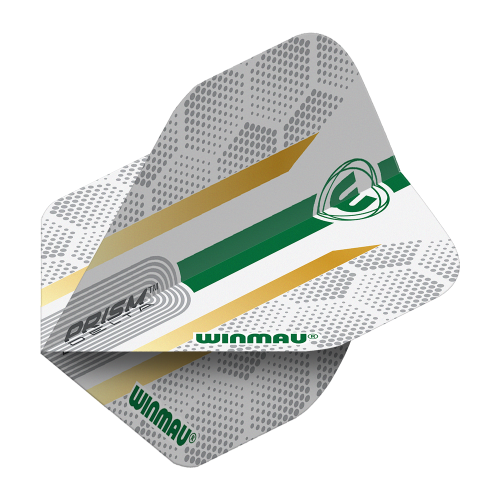 Winmau Prism Delta Xenon No2 Standard Flights Auf dem Bild ist ein Dart-Flight des Modells "Winmau Prism Delta Xenon No2 Standard" zu sehen. Das Flight ist weiß mit grauen, goldenen und grünen Akzenten sowie dem Winmau-Logo gestaltet.