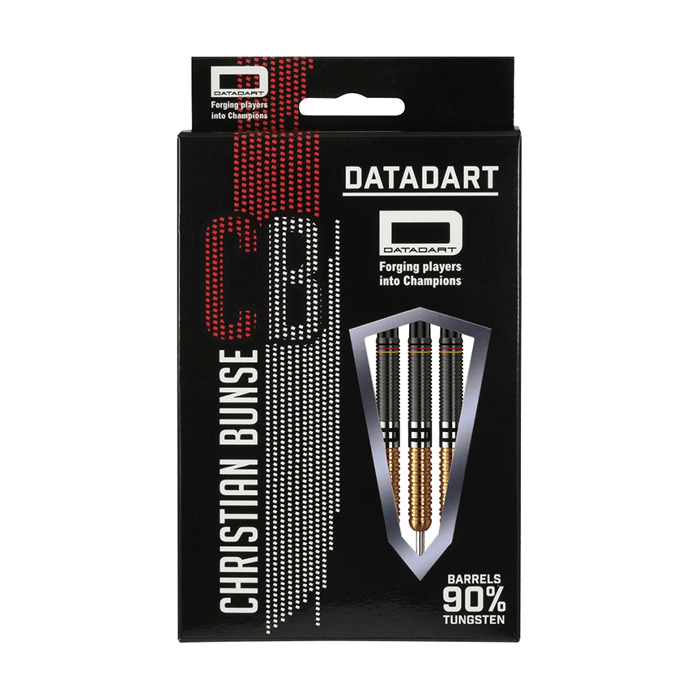 DA624_Datadart_Christian_Bunse_Gold_Black_Steeldarts_3 Die Abbildung zeigt die Verpackung der "Datadart Christian Bunse Gold Black Steeldarts". Auf der Vorderseite sind drei Steeldarts und Informationen wie "90% Tungsten" zu sehen.