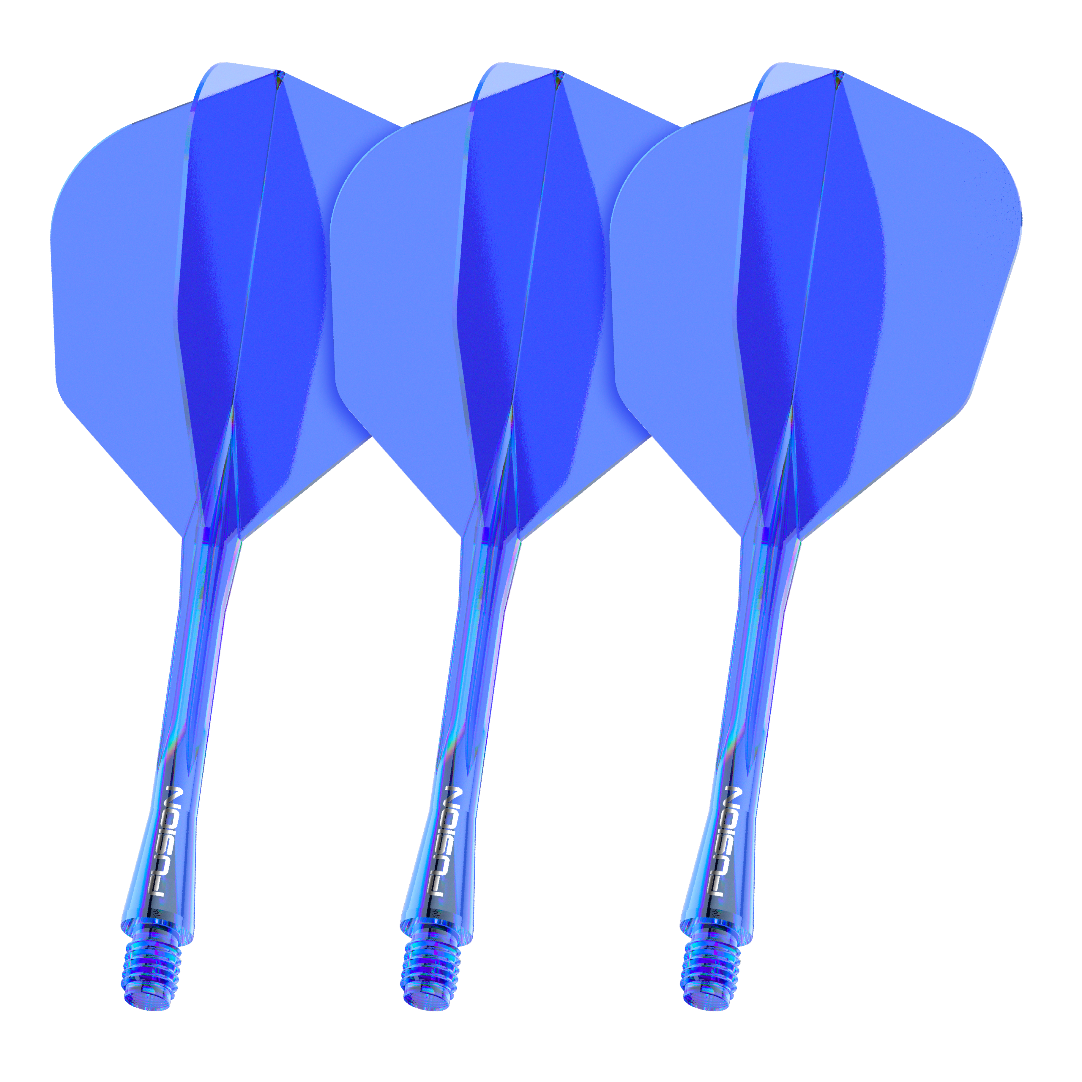 Winmau Fusion Flight Shaft System No6 Blau 34mm (1 Set) ist abgebildet. Es handelt sich um ein Set blauer Dartzubehörteile für Dartpfeile.