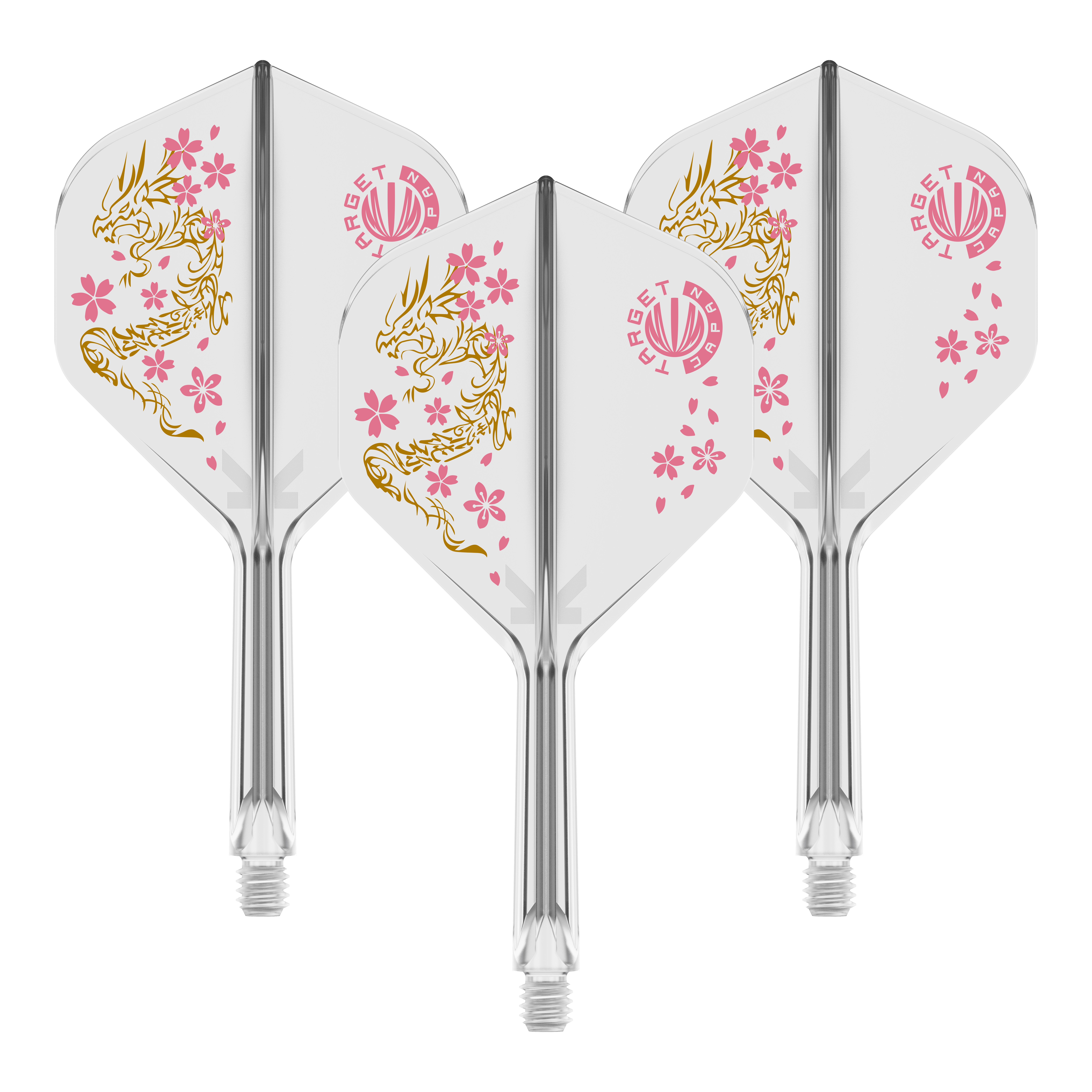 Target Japan K-Flex Smash No2 Standard Flight-Shaft-System Das Bild zeigt drei Dartflights des Produkts "Target Japan K-Flex Smash No2 Standard Flight-Shaft-System". Die Flights sind weiß mit einem goldenen Drachendesign und rosa Kirschblüten verziert.