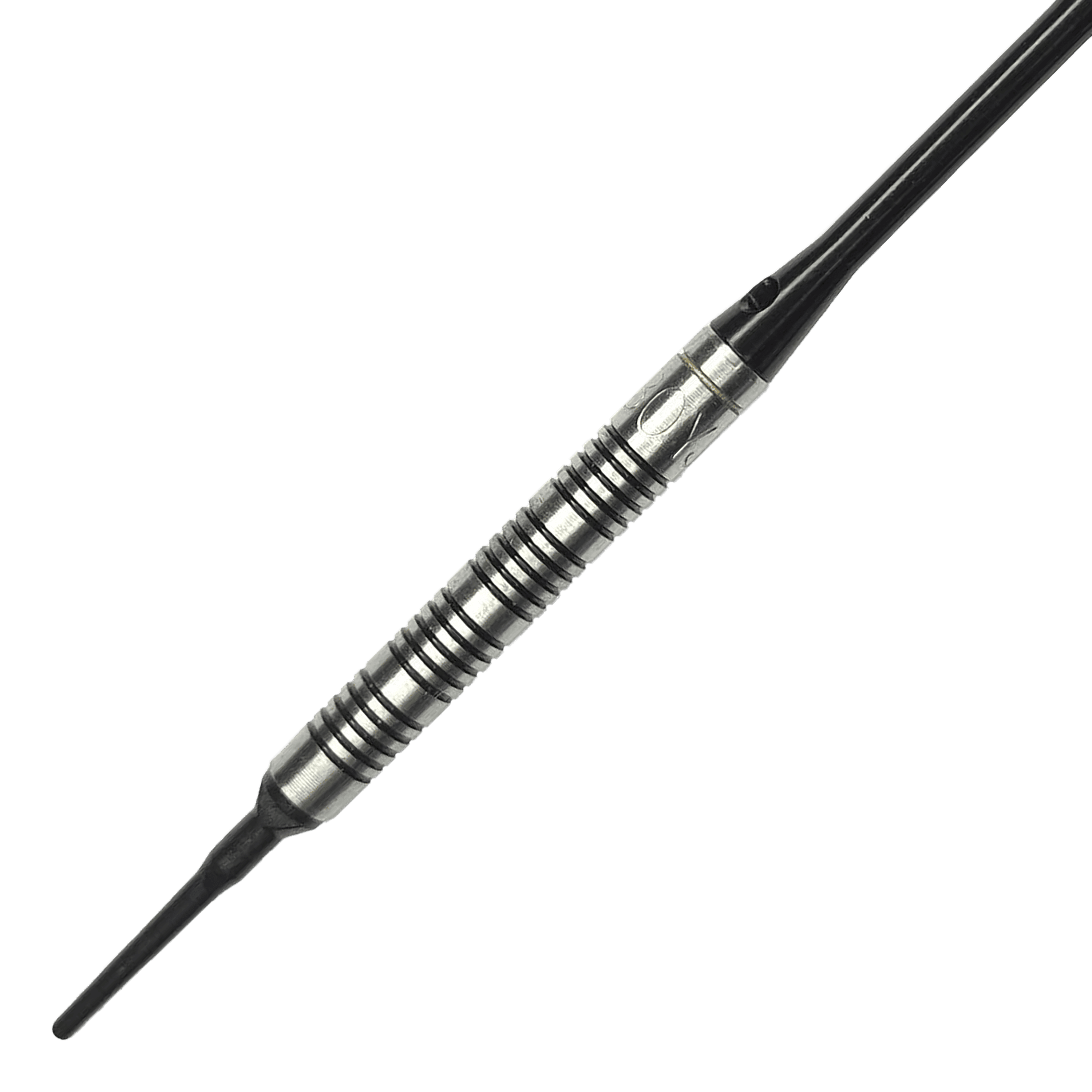 McDart 85er Tungsten V17 Softdarts - 16,5g Das Bild zeigt einen McDart 85er Tungsten V17 Softdart mit einem Gewicht von 16,5g. Der Dart hat ein silber-schwarzes, griffiges Barrel und eine schwarze Spitze.