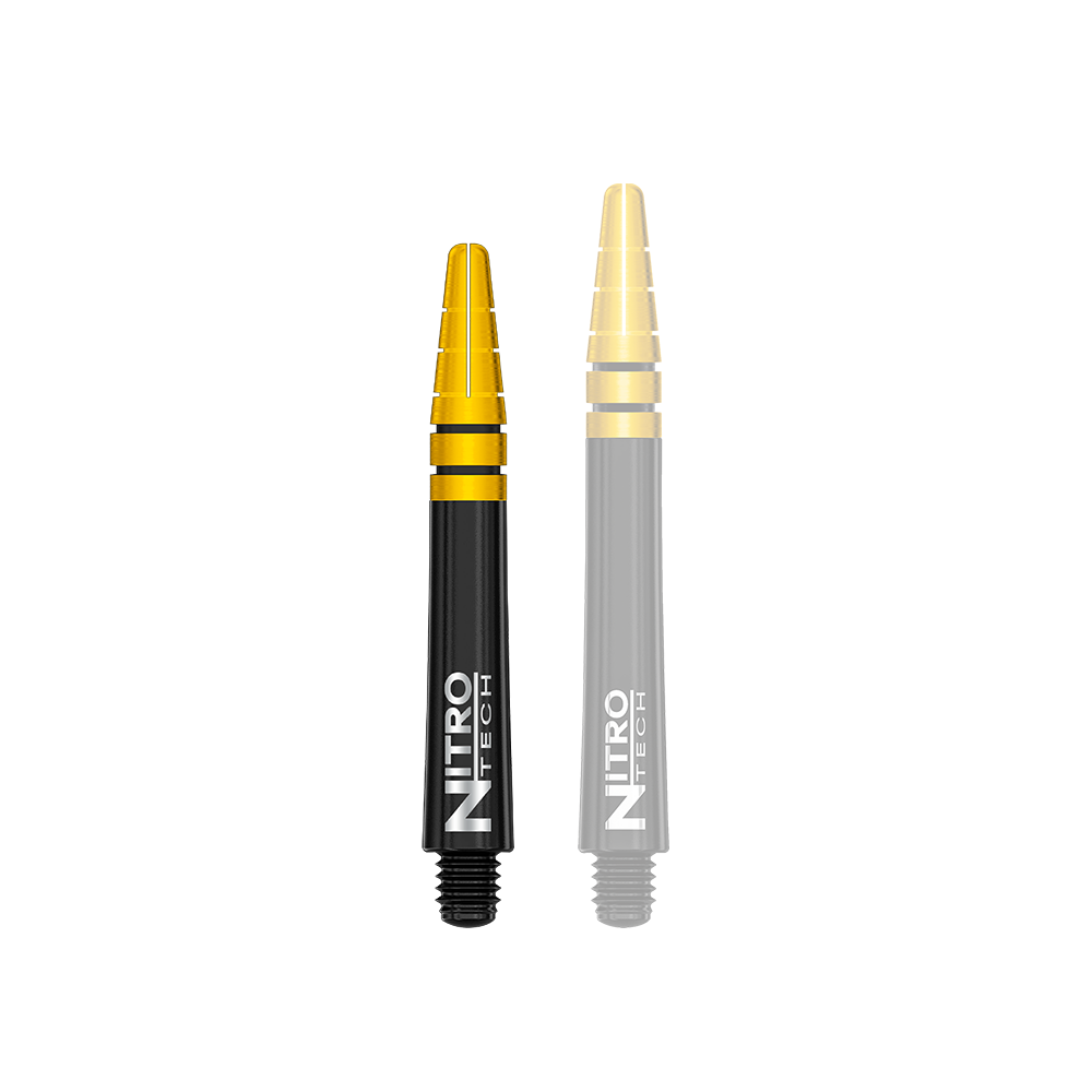 Das Bild zeigt zwei schwarze und goldene Dartschäfte des Produkts "Red Dragon Nitrotech Shafts - Black Gold". Auf den Schäften steht in weißen Buchstaben "NITRO TECH".