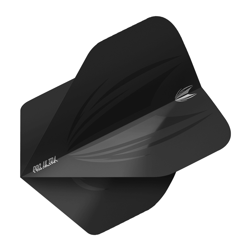 TG408_Target_ProUltra_ID_Black_No2_Standard_Flights_2 Das Bild zeigt das Produkt "Target ProUltra ID Black No2 Standard Flights". Es handelt sich um ein schwarzes Dart Flight mit dezentem Muster und weißem Aufdruck.