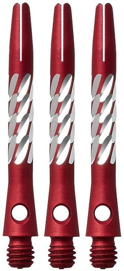 78990-Unicorn-Premier-Shaft-Red-Short Das Bild zeigt drei rote Aluminium-Schäfte für Darts mit silbernen Akzenten. Die Schäfte sind von der Marke Unicorn Premier.