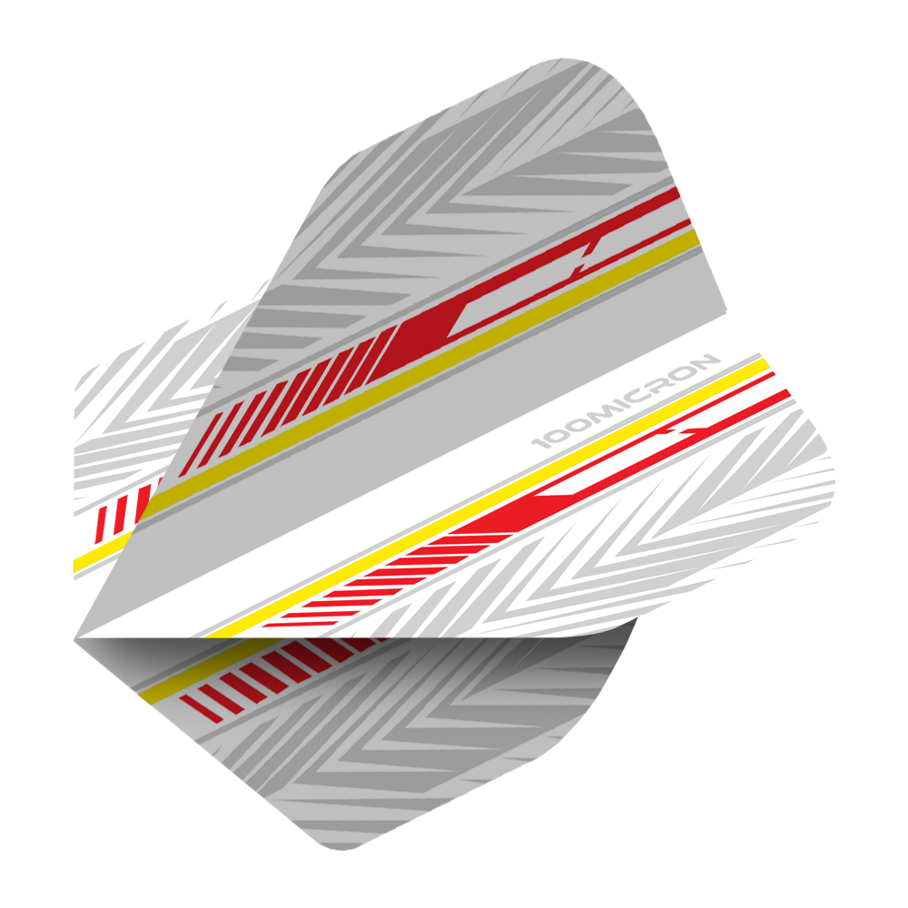 Pentathlon Flights weiß/rot/gelb Das Bild zeigt die Pentathlon White Red Yellow No2 Standard Flights. Die Flights sind überwiegend weiß und grau mit roten und gelben Akzenten sowie einem modernen Muster.