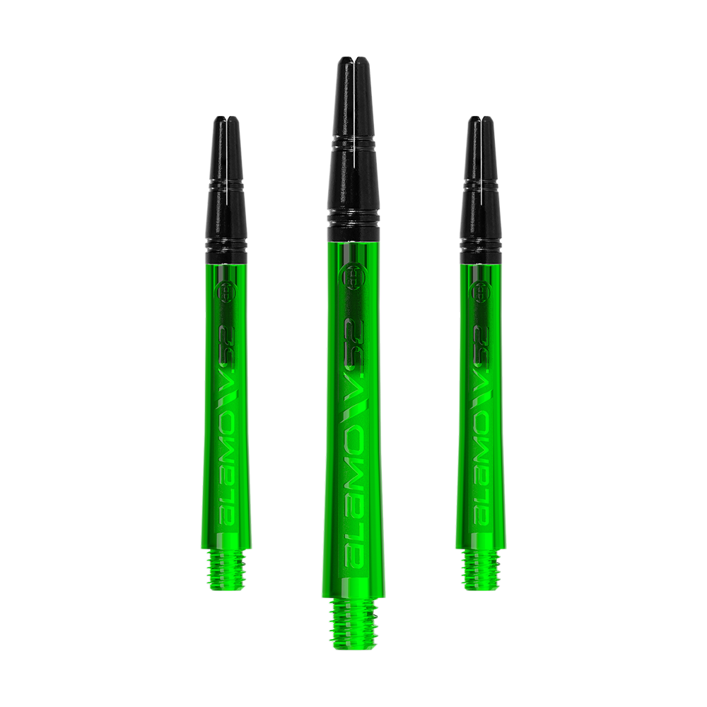 Harrows Alamo VS2 Shafts - Grün Auf dem Bild sind drei grüne Dartschäfte mit schwarzem oberen Teil zu sehen. Sie sind gleich groß und haben auf der Seite die Aufschrift "ALAMO VS2".