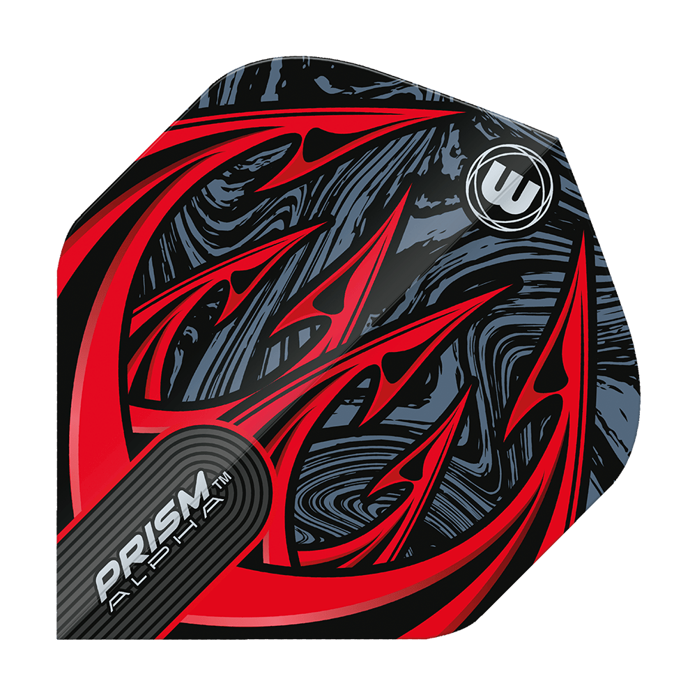 6915-195_Winmau_Prism_Alpha_Diablo_Standard_Flights_1xEMGQ1MIWV1Rk Das Bild zeigt ein Dartflight des Modells "Winmau Prism Alpha Diablo Standard Flights". Das Design ist auffällig mit roten, spitzen Mustern und einem schwarz-grauen Hintergrund.