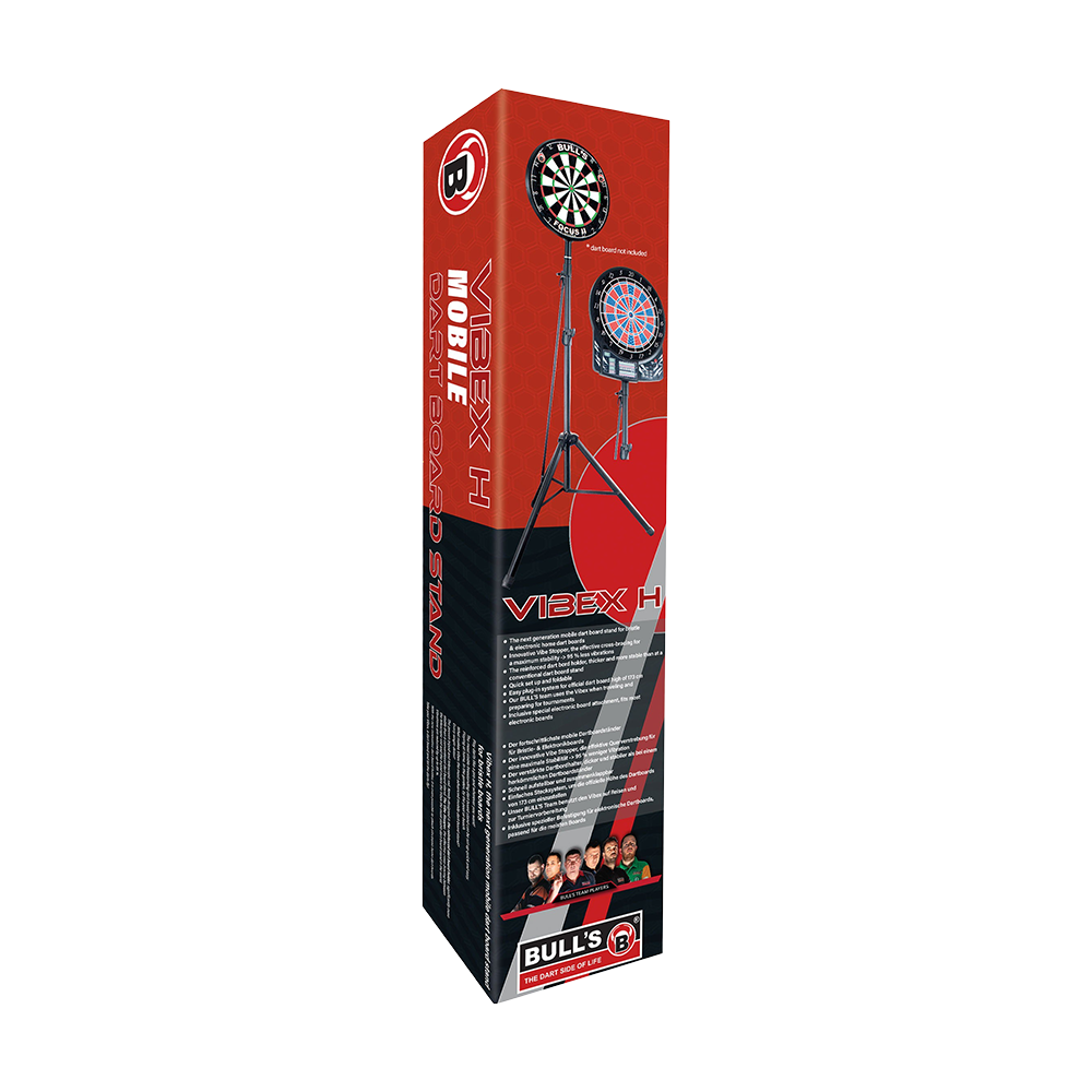 67909_Bulls_Vibex_H_Dartboard_St-nder_6 Die Abbildung zeigt die Verpackung des Produkts „Bulls Vibex H Dartboard Ständer“. Auf der Verpackung sind Bilder eines Dartständers mit Dartboard sowie Produktinformationen zu sehen.