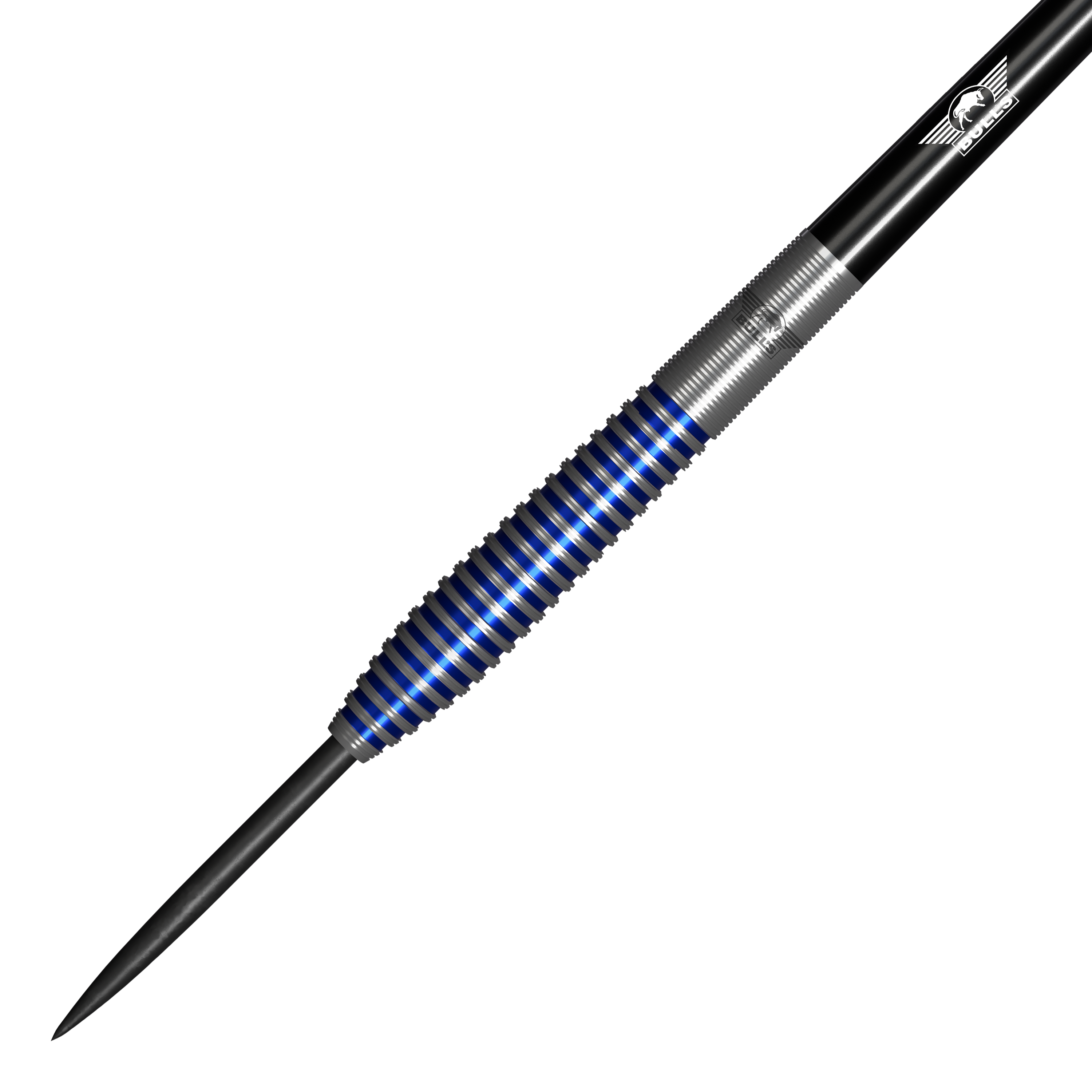 Bulls NL Romeo Grbavac Steeldarts - 23g Das Bild zeigt einen Steeldartpfeil mit silbernen und blauen Ringen am Griff. Es handelt sich um das Produkt "Bulls NL Romeo Grbavac Steeldarts - 23g".